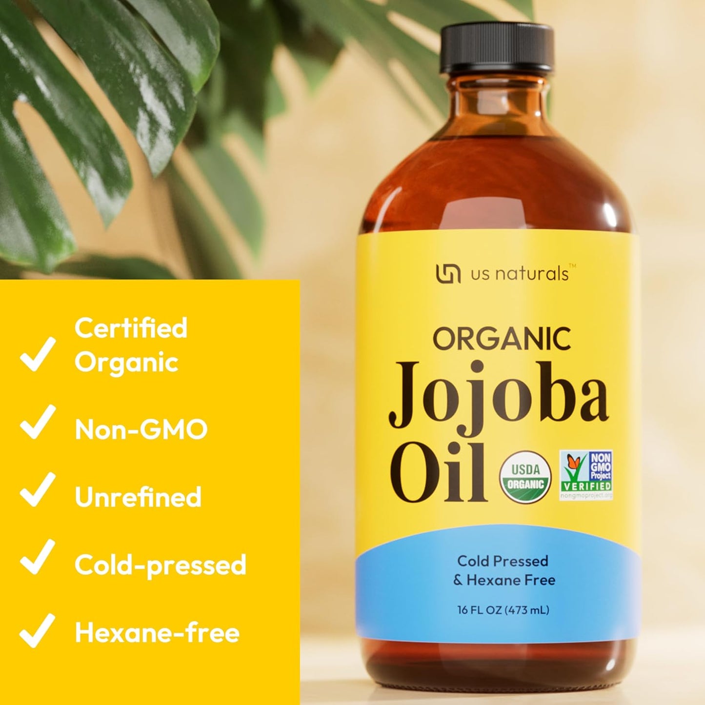 Us Naturals 16oz Organic Jojoba Oil – Glass Bottle – USDA Certified Organic & Non-GMO – 100% Pure, Cold-pressed, Unrefined, Hexane-free – Premium Glow-Boosting Oil
