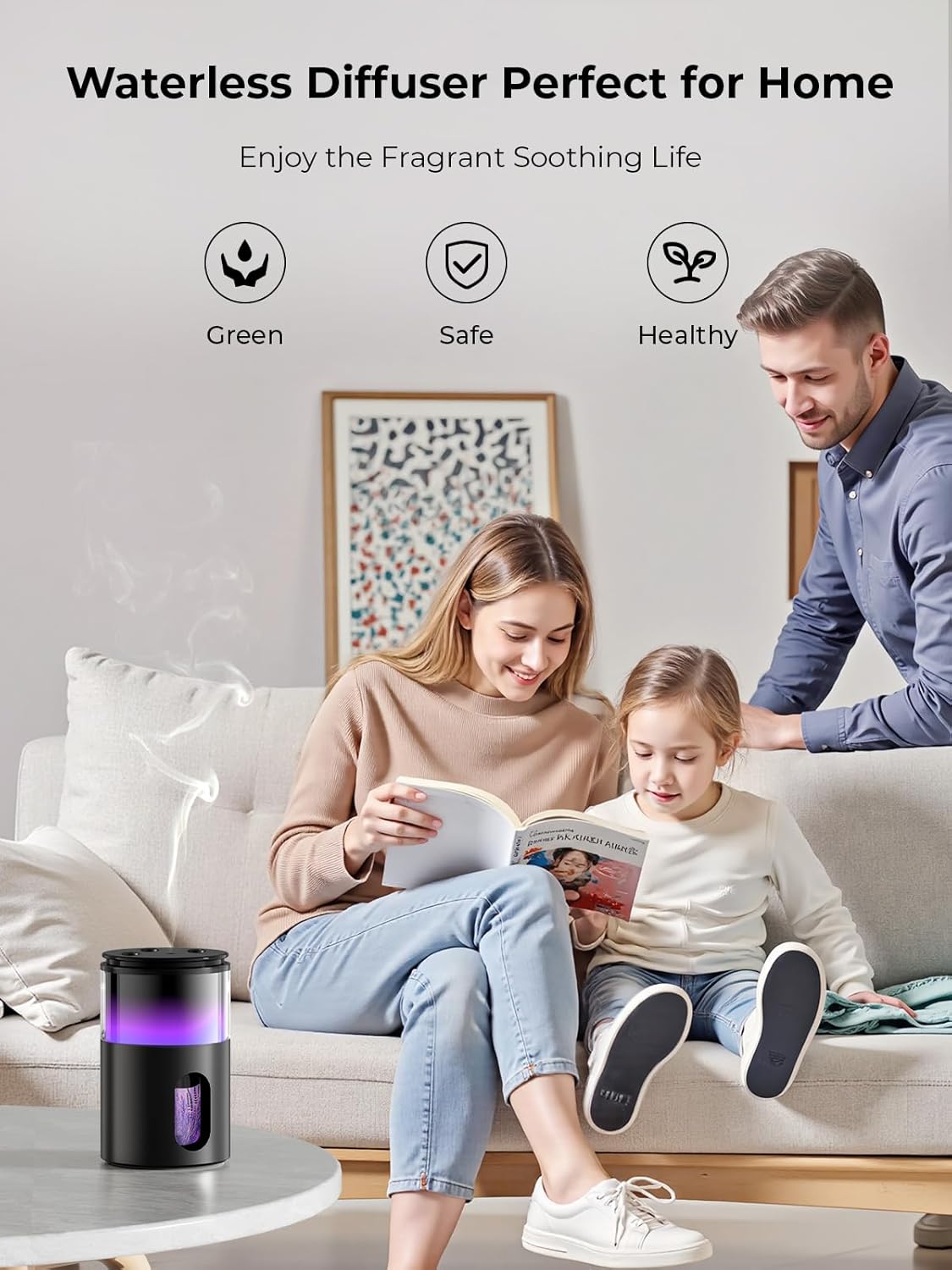 Waterless Essential Oil Diffuser: 𝟗 𝐂𝐨𝐥𝐨𝐫𝐬 𝐋𝐄𝐃 Scent Diffuser for Home&Car&Office - Portable Diffuser with 48H Battery, 4 Timers & 3 Mist Levels, Charcoal Black