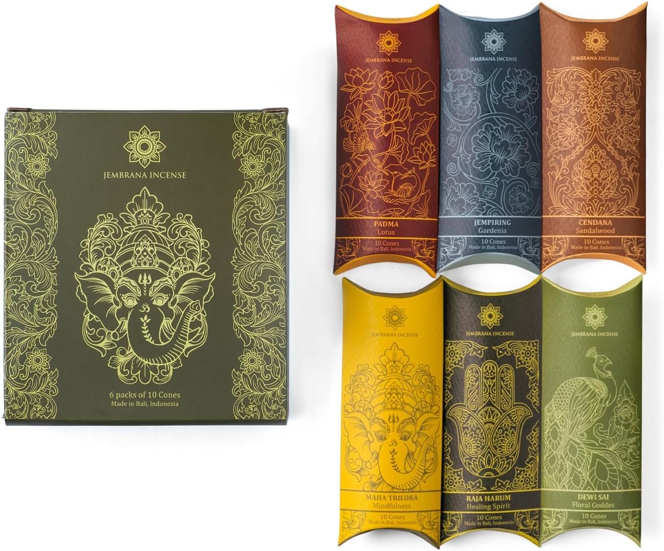 Jembrana Incense Cones - Mix 6 Scents (60 Cones Total) - Lotus, Gardenia, Sandalwood, Healing Spirit, Mindfulness & Floral Goddess - Authentic Balinese Handcrafted Gift Set