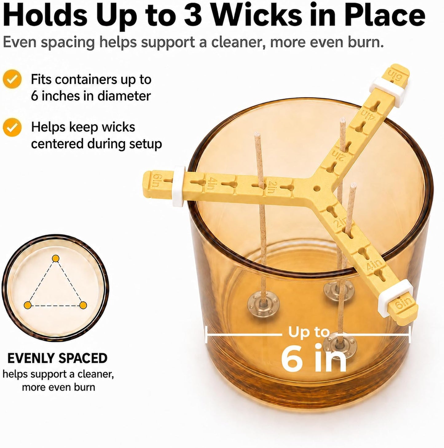 3-Wick Candle Holder | Wick Centering Tool | Includes 2 Sizes Wick Stickers (40 Large + 48 Small) + 1 Cotton Linen Bag | ABS Material for Better Heat Resistance