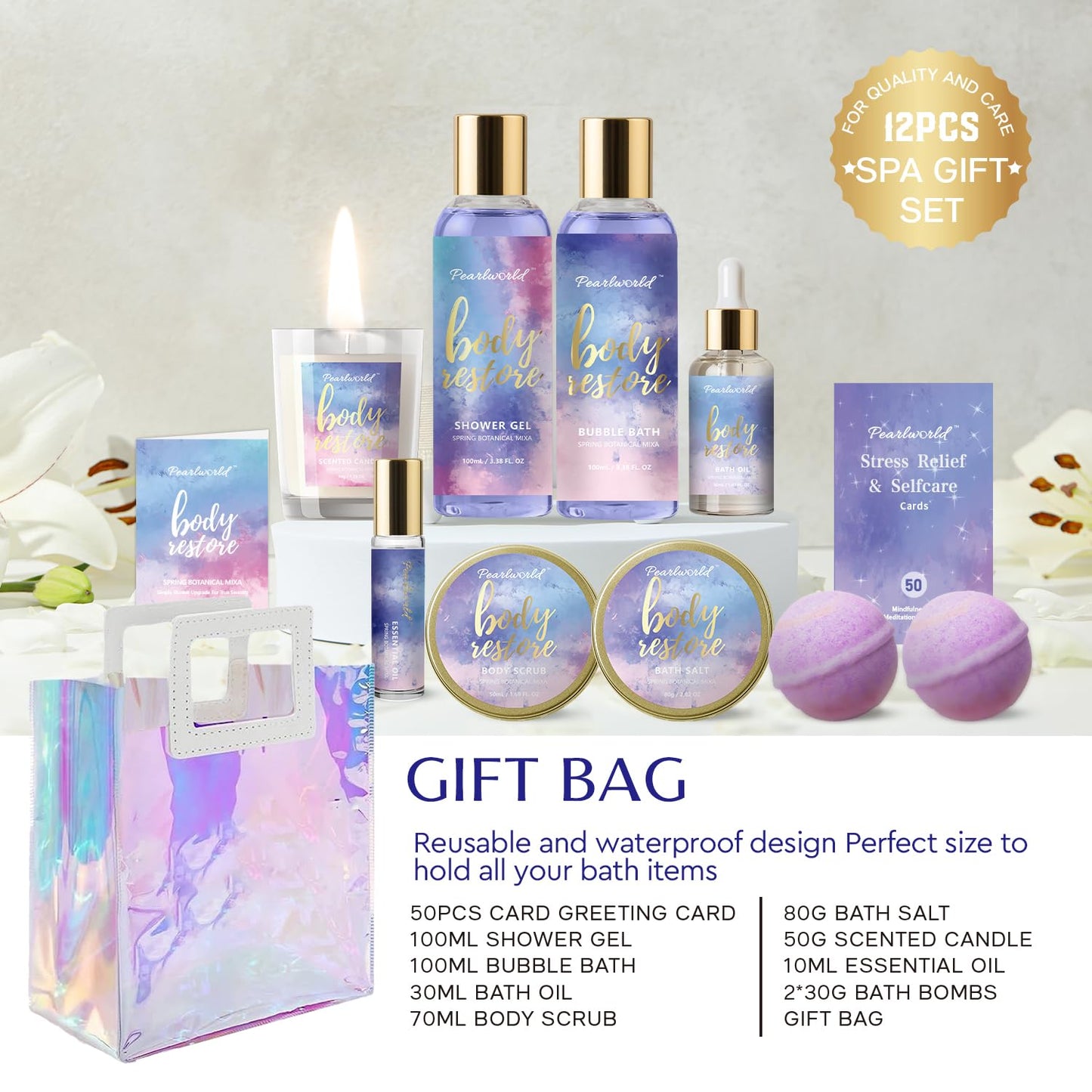 Mother's Day Gift, Spa Kit for Women, 12 Pcs Luxury Bath Skin Care Shower Bath Set, Spa Gift Sets with Reusable Bag, Bath Bomb, Christams Birthday Gifts for Teen Girls, Her, Mom