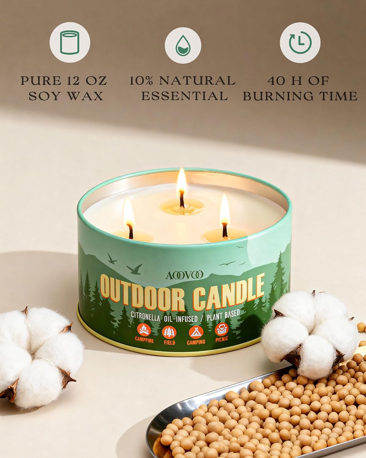 AOOVOO Citronella Candles Outdoor - 3 Wick 12oz Large Camping Candle, Natural Essential Oil Soy Wax Non Toxic, Strong Scented Candles for Outside Backyard Garden Picnic