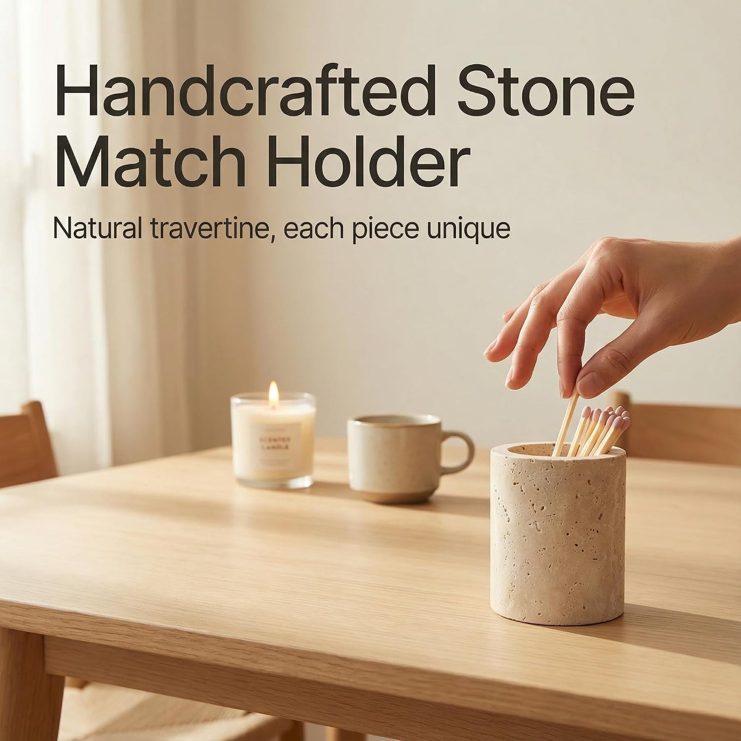 Match Holder with Striker Travertine Match Jar Decorative 2.5” x 3” Matchstick Organizer for Fireplace, Candles, Parlor Cute Match Jar for Home Decor Gift, Matches Not Included