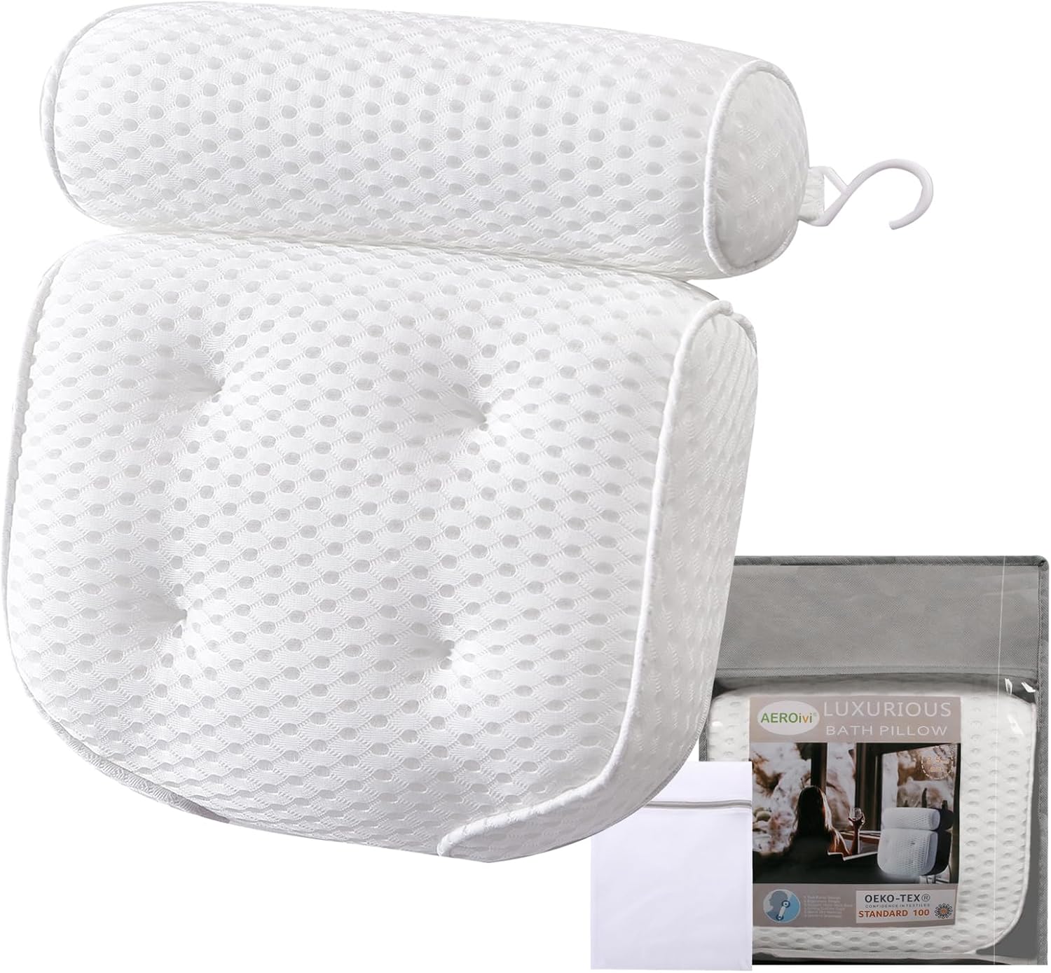 AEROiVi Luxury Bath Pillows for Tub，Bath Pillow with Laundry Bag Bathtub Pillows for Head and Neck Support Bath Cushion Made from Soft Spacer Mesh Material with Suction Cups