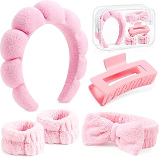SPA Headbands and Wristband Set for Face Washing with Clear Bag Cute Skincare Makeup Headband Wrist Bands Hair Clips for Women Teenage Girls Gifts Trendy Stuff Pink