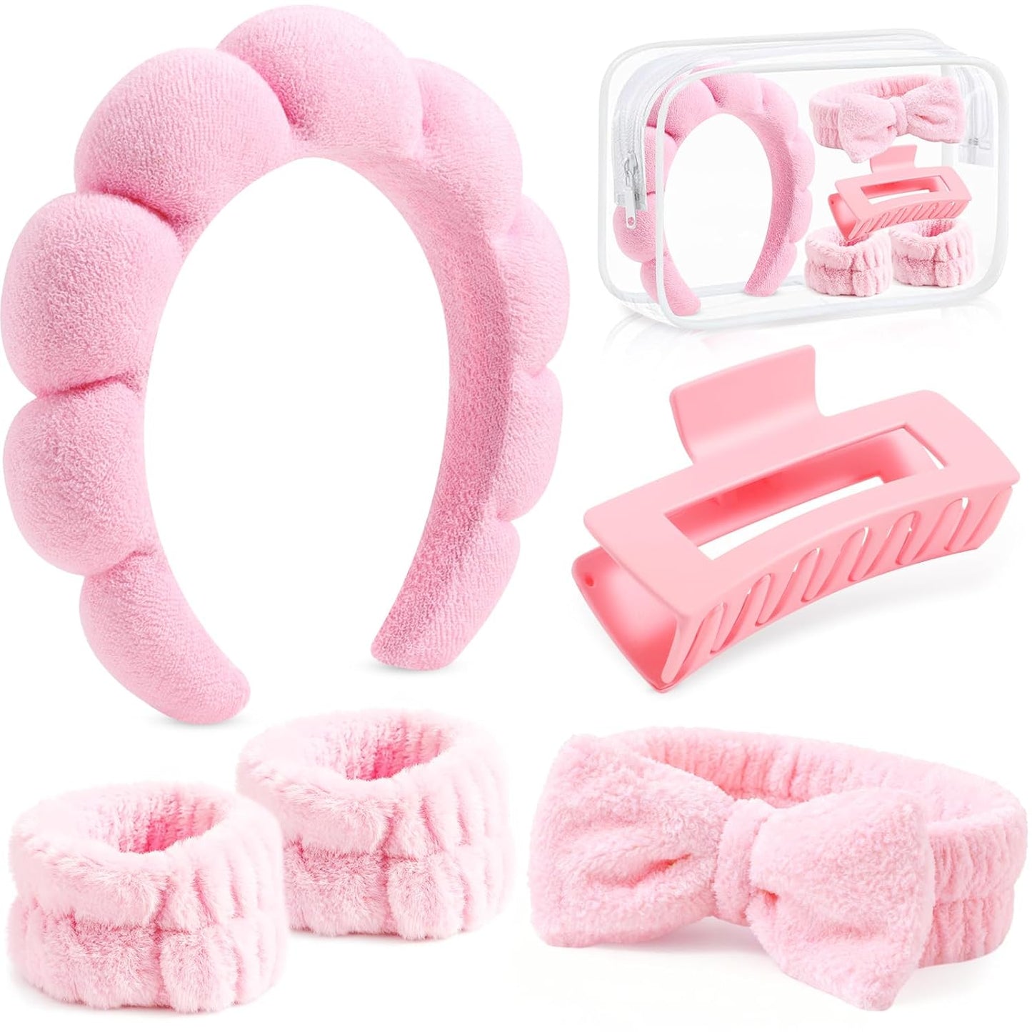 SPA Headbands and Wristband Set for Face Washing with Clear Bag Cute Skincare Makeup Headband Wrist Bands Hair Clips for Women Teenage Girls Gifts Trendy Stuff Pink