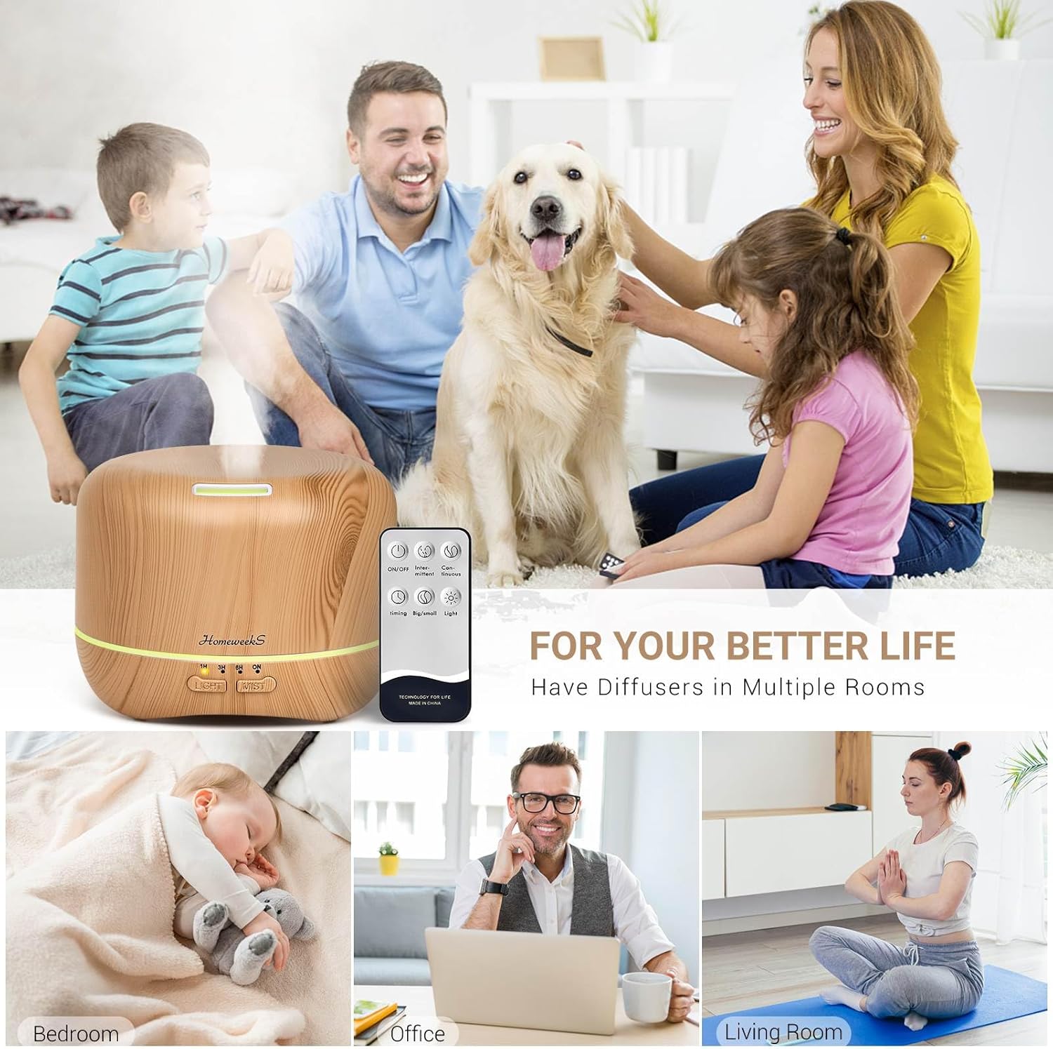 Homeweeks 300ml Essential Oil Diffuser, Quiet Aromatherapy Mist Diffusers for Essential Oils, Wood Grain, Ultrasonic, Remote Control, Timer, 7 Colors Light for Bedroom (300ml Yellow Wood Grain)
