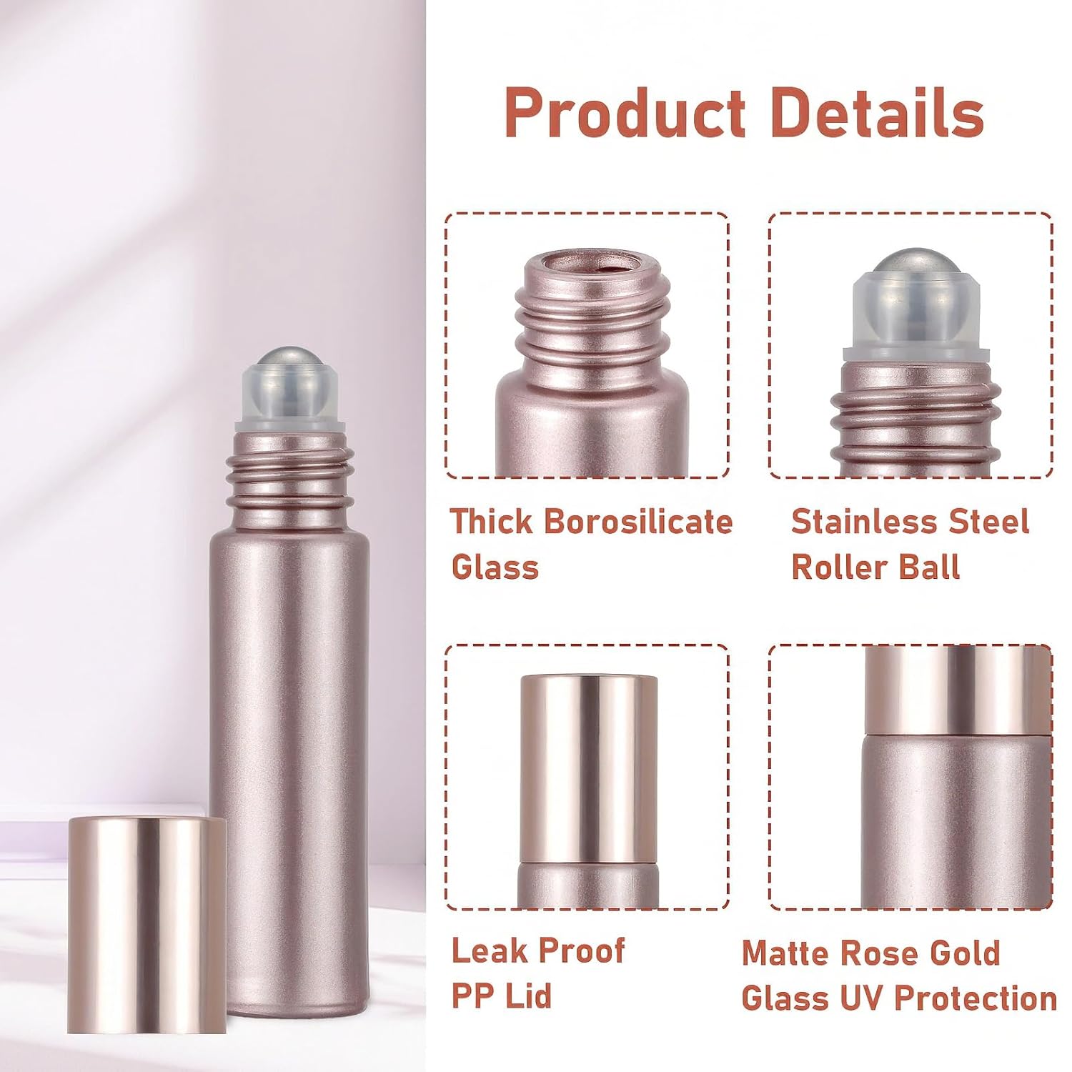 8Pcs 10ml Essential Oil Roller Bottles, 1/3 oz Refillable Roll On Vials with Funnels, Small Glass Containers with Stainless Steel Ball for Perfumes Aromatherapy Liquid, Matte Rose Gold