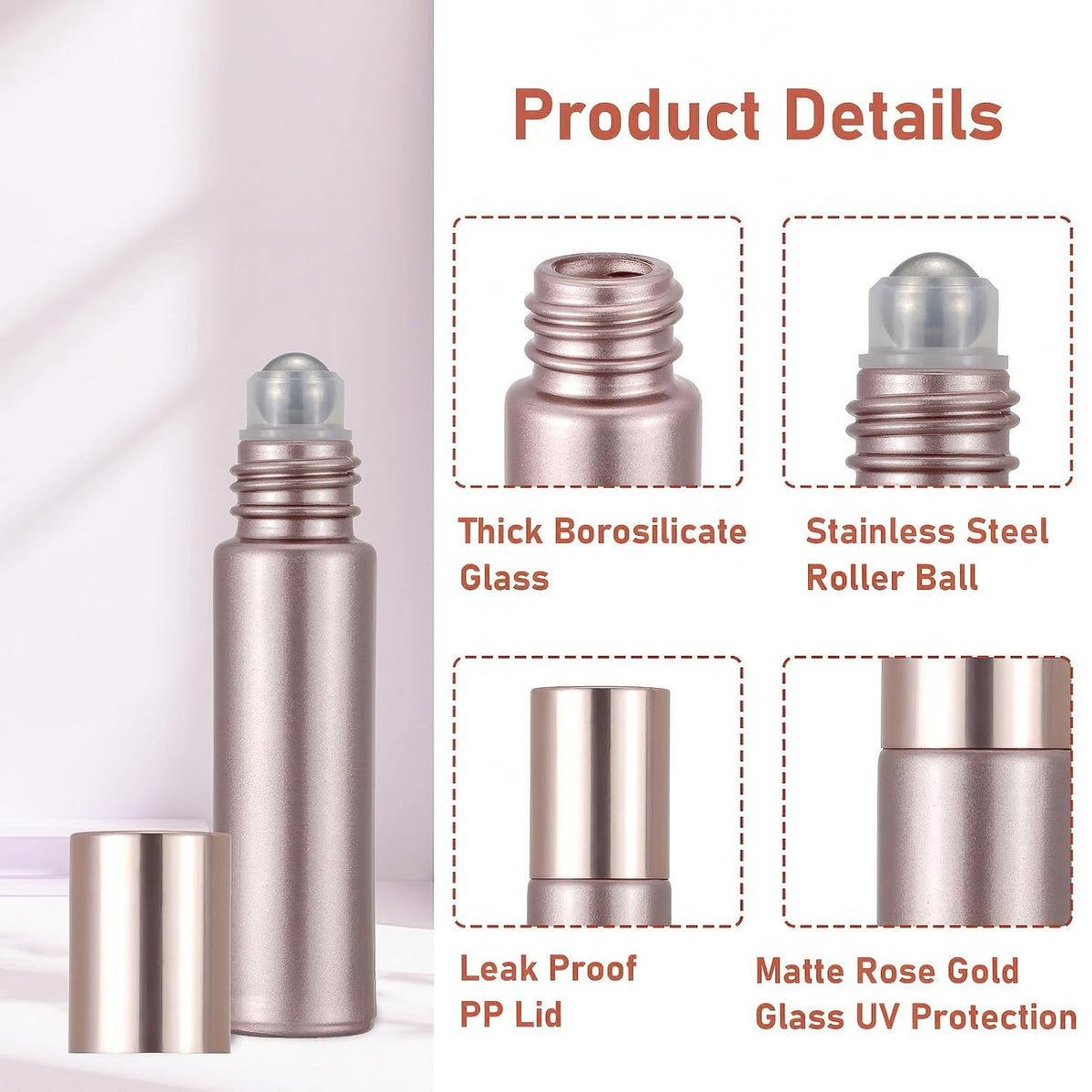 8Pcs 10ml Essential Oil Roller Bottles, Matte Rose Gold