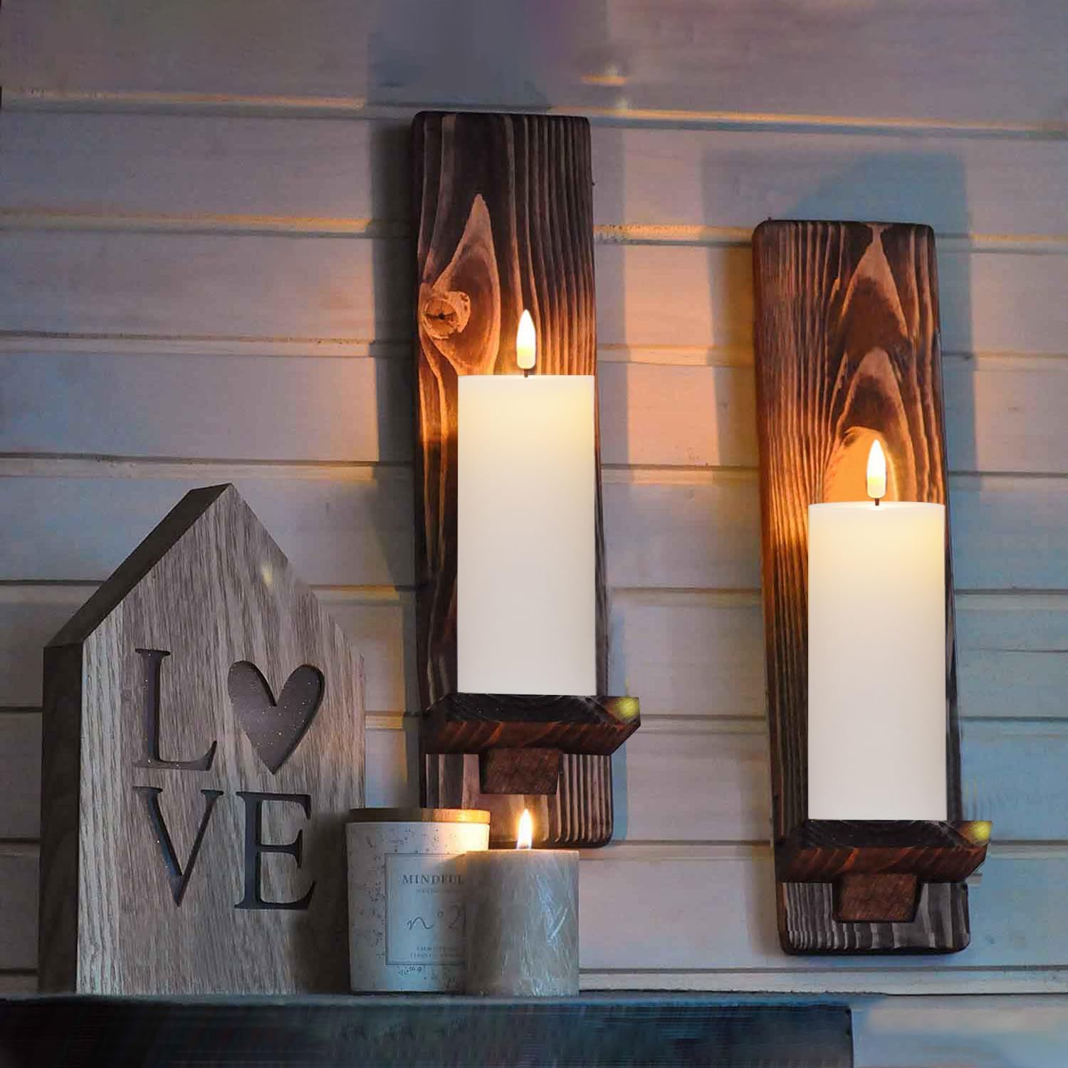 volnyus White Flameless Candles Set of 2 (2.2x5 Inch) Flickering LED Wax Candles Battery Operated with Remote Control Timers for Fireplace Bedroom Livingroom Party Dimmable Pillars Flat top