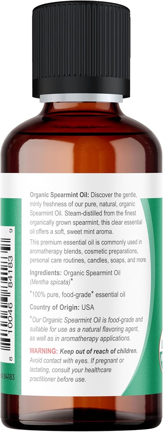 Viva Doria Spearmint Essential Oil, USDA Certified, Organic Spearmint Oil, 100% Pure, Natural Essential Oil, Undiluted, for Aromatherapy | Food Grade, 30 mL (1 Fluid Ounce)