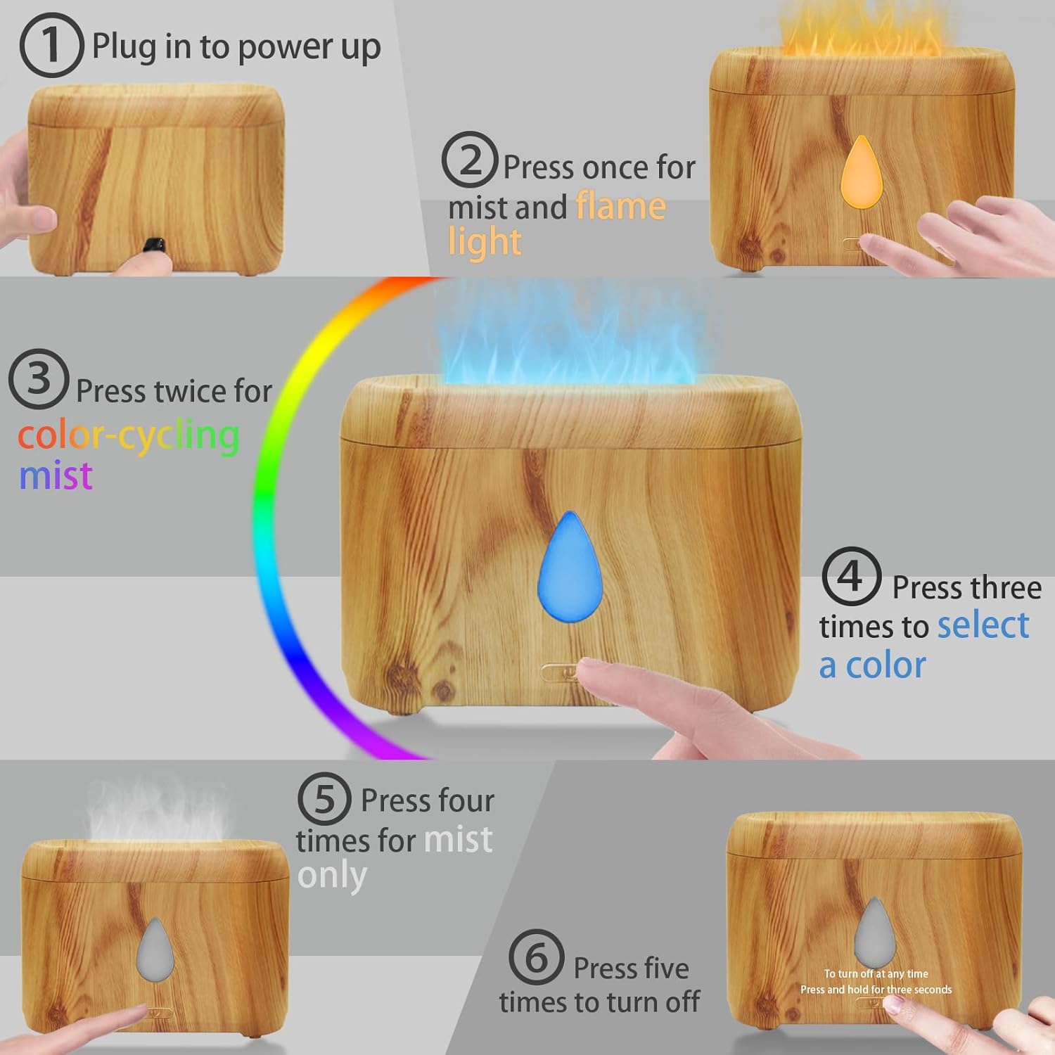 Flame Diffuser for Essential Oils, 200ml Ultrasonic Aroma Diffusers with Cool Mist, Aromatherapy Diffuser with Auto-Off Protection (Wooden Grain(7 Colors), Peppermint+Lavender+Tea Tree+Lemon)