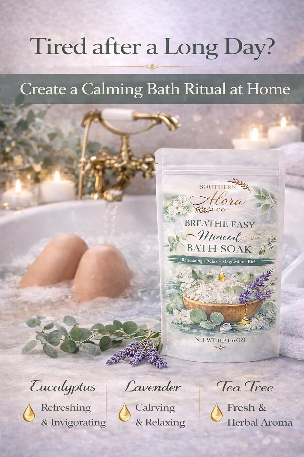 Southern Alora Bath Salts for Women Relaxing – Epsom Salt Bath Soak with Magnesium & Dead Sea Minerals, Aromatherapy Bath Soak for Stress Relief & Muscle Recovery, Breathe Easy Scent