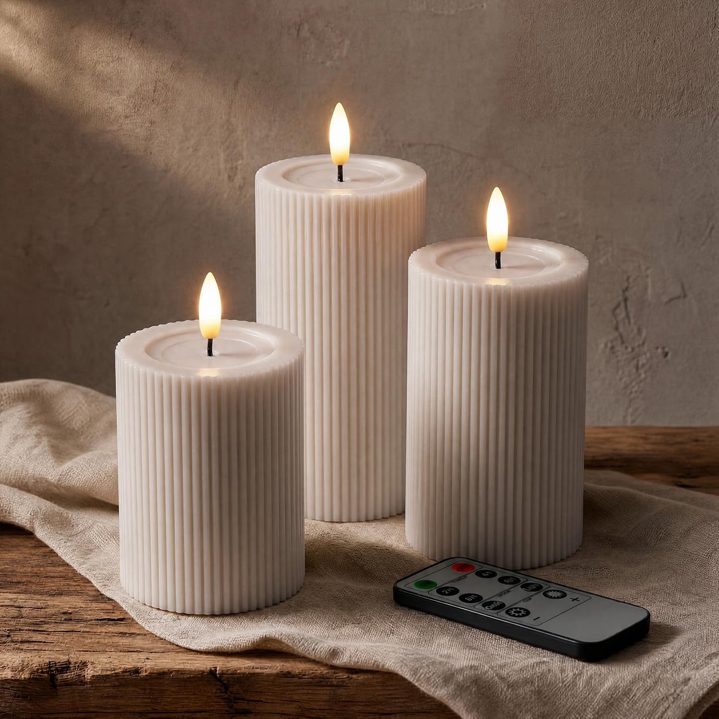 Fluted Ribbed LED Pillar Candles, Cream Beige, with Realistic Reflective Melted-Wax Effect – Flickering Flame, Remote, Dimmable, Flameless, Battery Operated, Home & Wedding Decor (Set of 3)