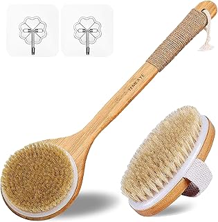 TEMEAYE Dry Brushing Body Brush, Wooden Handle, Natural Bristles, 2Pcs-Set | Medium Strength Body Scrub Brush, Gentle Exfoliator, Cellulite Reduction, Enhances Blood Circulation, Reveals Glowing Skin