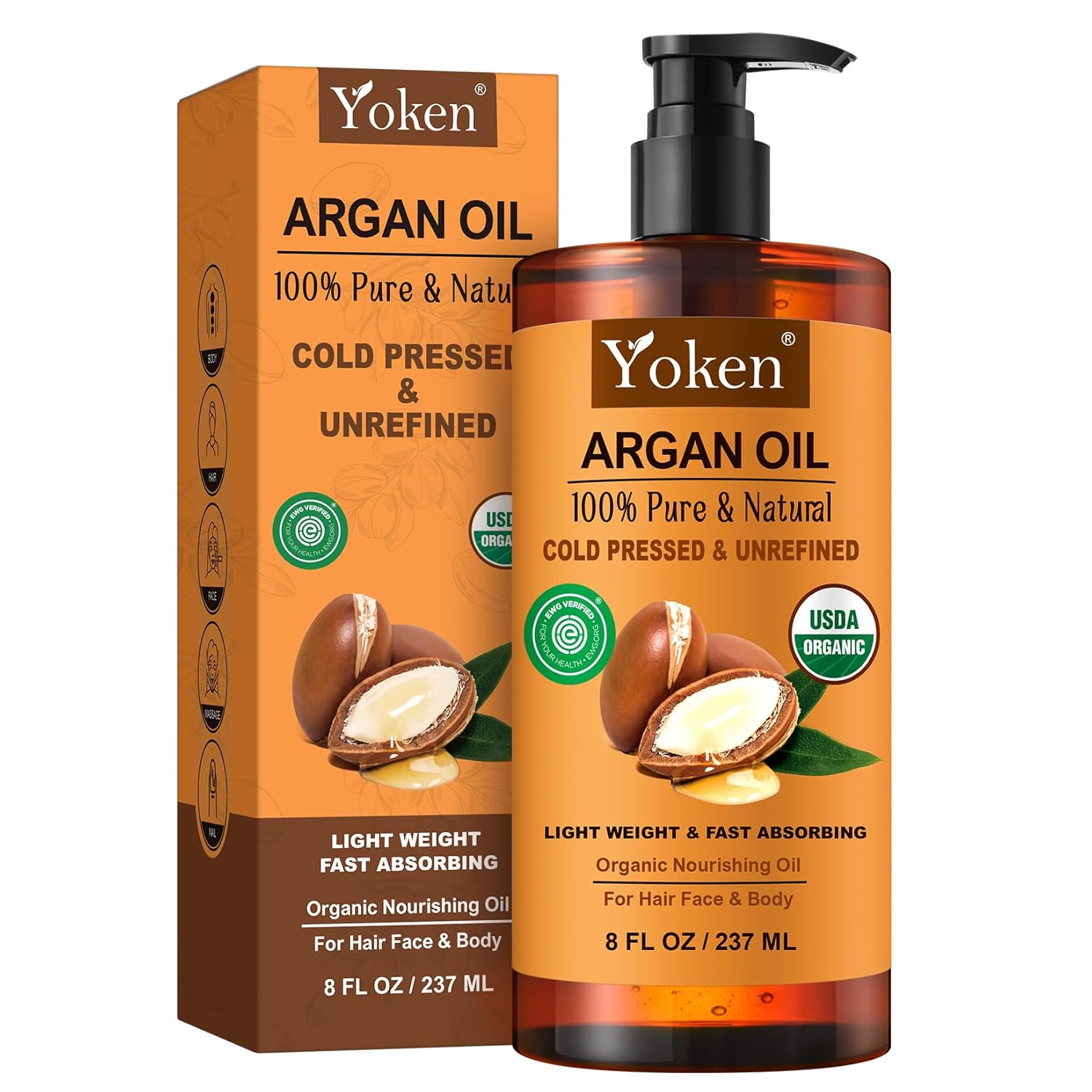 Yoken USDA Organic Argan Oil for Hair, Pure and Natural Morocco Argan Oil, Argon Oil For Hair, Scalp, Face & Skin Care, 100% Cold Pressed Hair Conditioner, Unrefined Argon Nails Carrier Oil (8 Fl Oz)