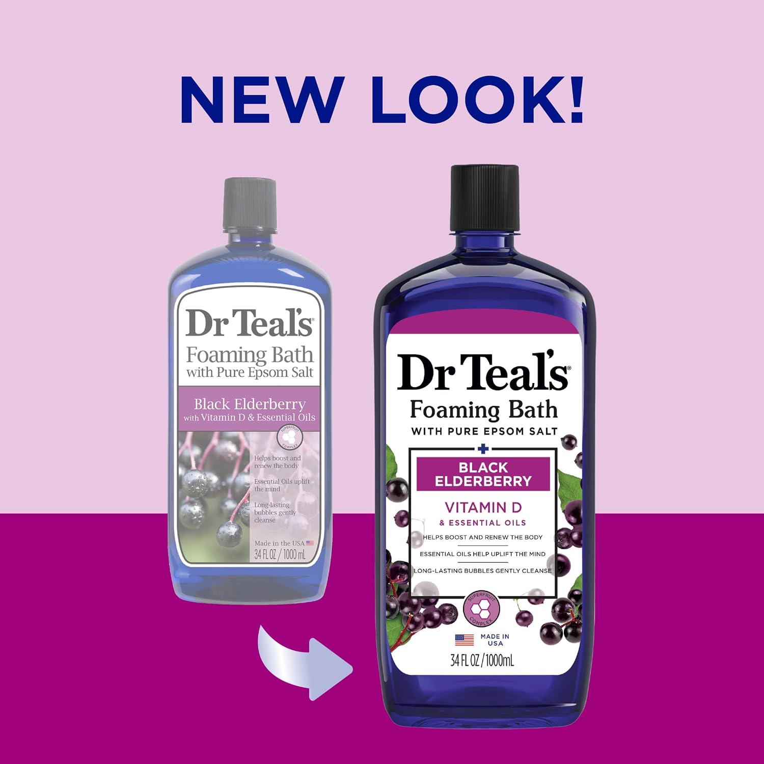 Dr Teal's Foaming Bath with Pure Epsom Salt, Black Elderberry with Vitamin D, 34 fl oz (Pack of 2) & Salt Soak with Pure Epsom Salt, Elderberry, 3 lbs