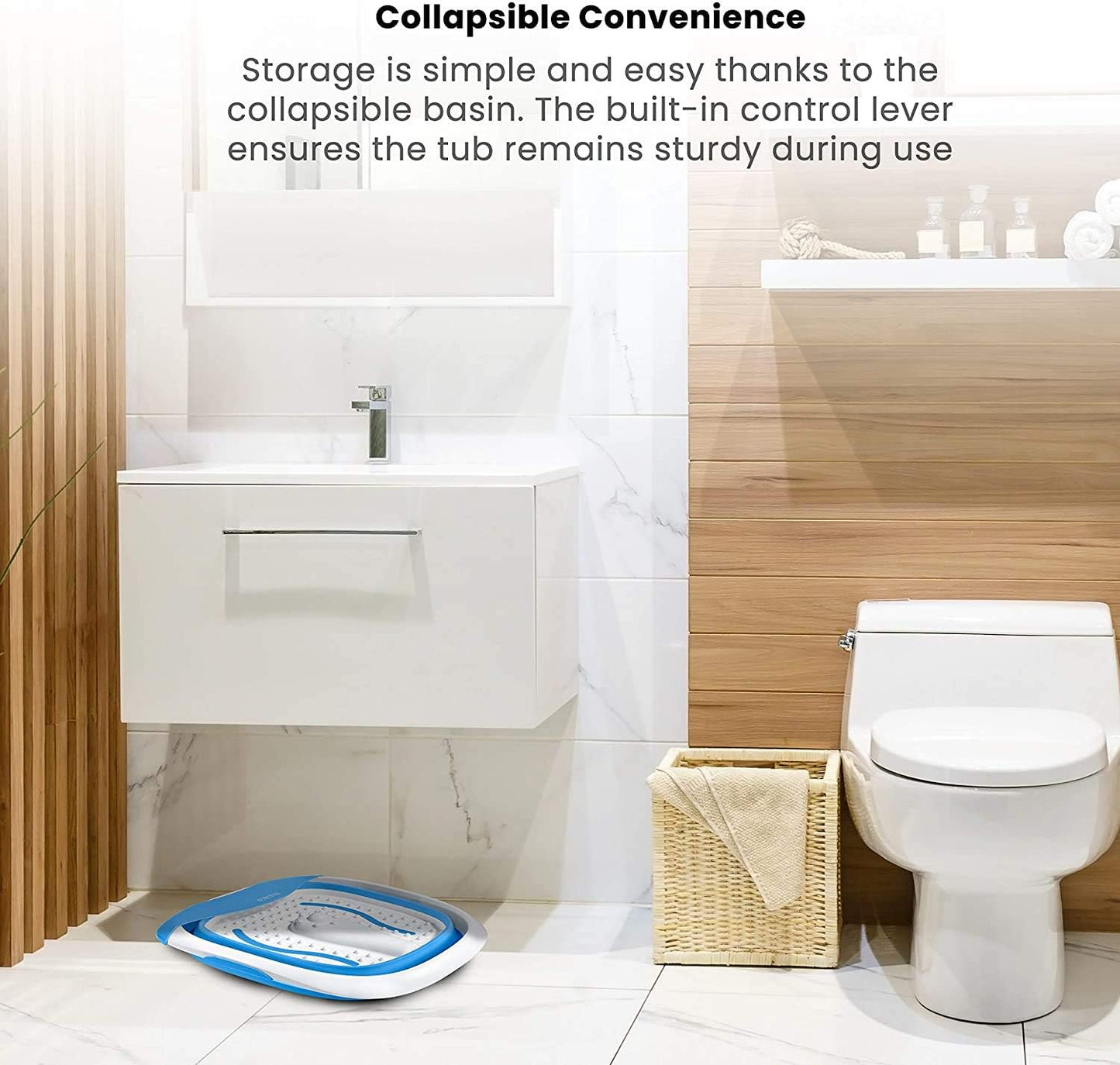 HoMedics Compact Pro Spa Collapsible Footbath with Heat Maintenance, Vibration Massage, ACU-Node Surface, Improves Circulation, Soothe Tired Muscles, Tub for Easy Storage, Blue and White