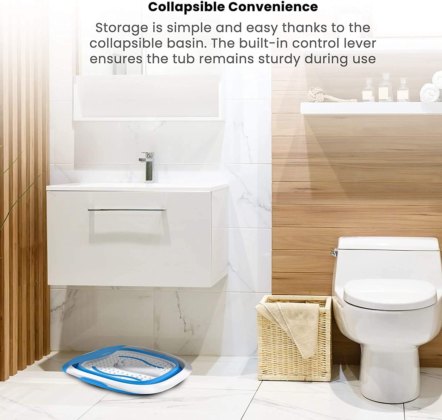 HoMedics Compact Pro Spa Collapsible Footbath with Heat Maintenance, Vibration Massage, ACU-Node Surface, Improves Circulation, Soothe Tired Muscles, Tub for Easy Storage, Blue and White