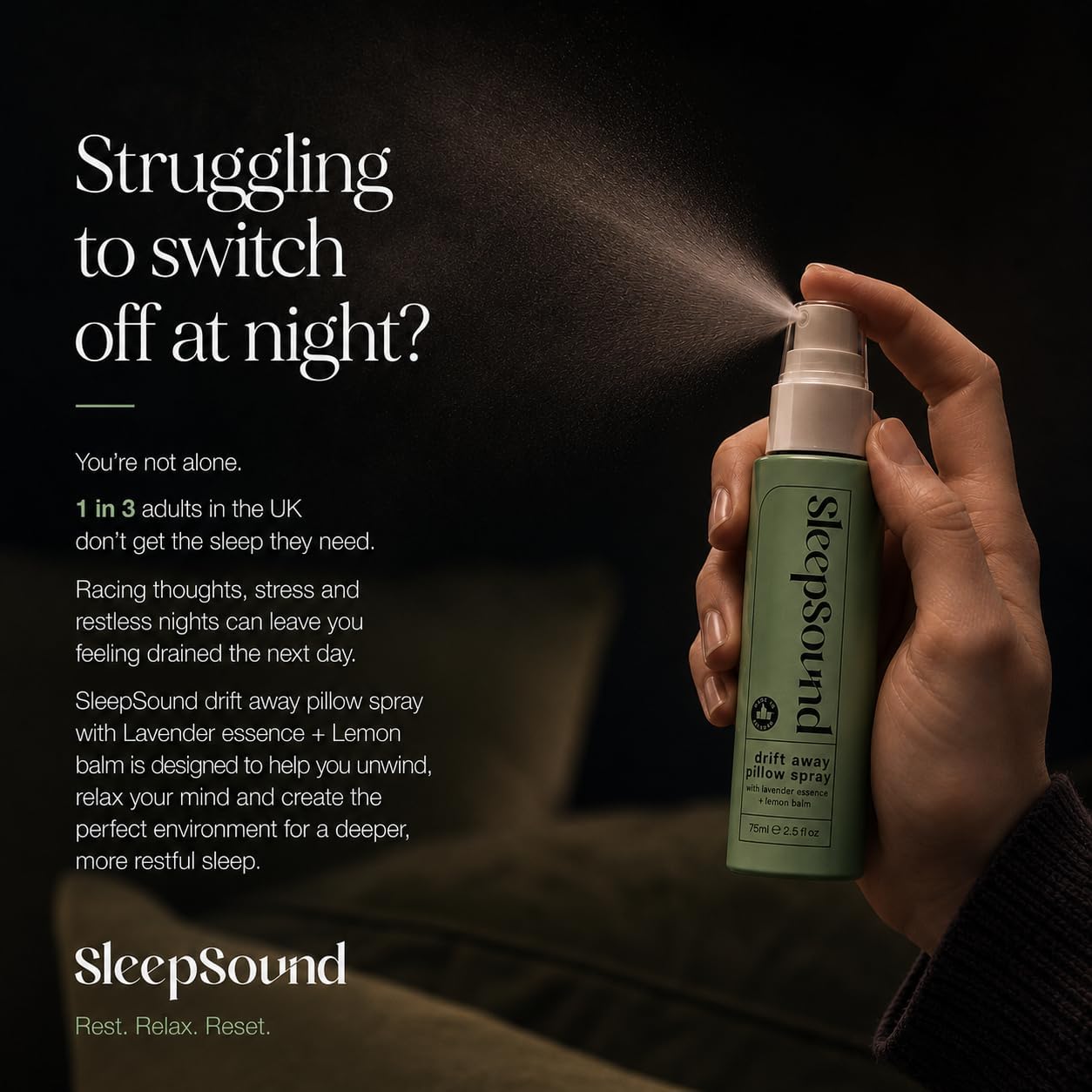 SleepSound Lavender + Lemon Balm Pillow Mist | Calming Aromatherapy Spray for Nighttime Relaxation & Wind Down Routine | Soothing Bedtime Mist Scent Fragrance