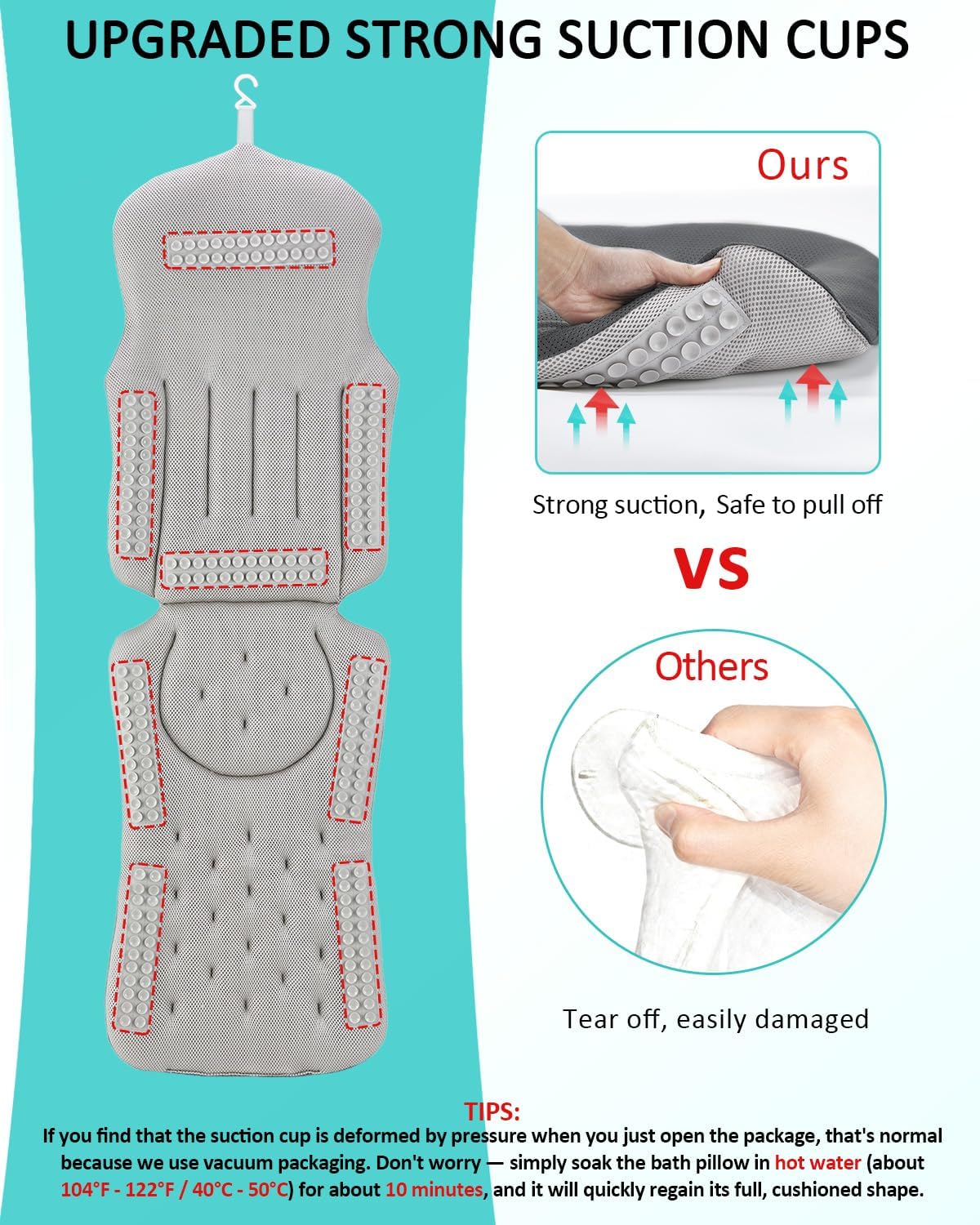 Full Body Bath Pillow for Bathtub, 5D Thick Tub Pillow for Bathtub with 192 Non-Slip Suction Cups, Laundry Bag & Hook, Bathtub Pillow for Head, Neck & Back Support (Gray, 51"*15")