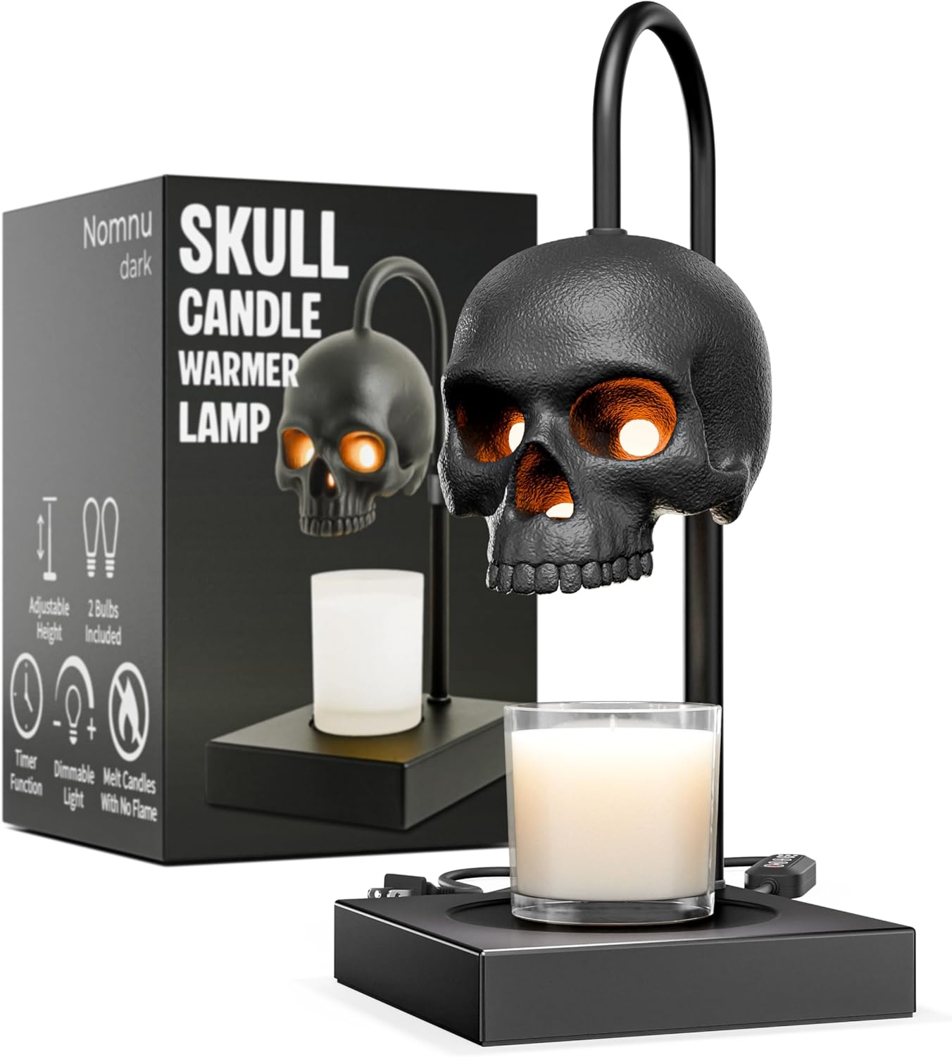 Skull Candle Warmer Lamp with Timer and Dimmer *Candles NOT Included – Black Gothic Candle Lamp Warmer w/ Adjustable Height, 2 Light Bulbs – Skull Decor, Goth Gothic Decor Spooky Home & Witchy Gifts