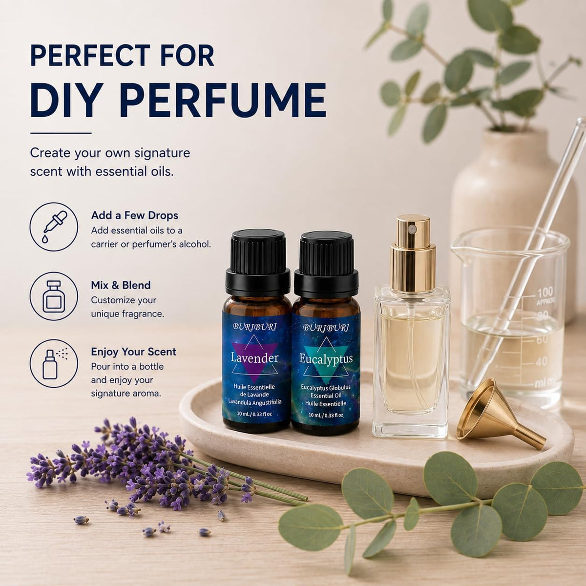BURIBURI Eucalyptus Lavender Essential Oil Set for Bath Bombs 2 Pack