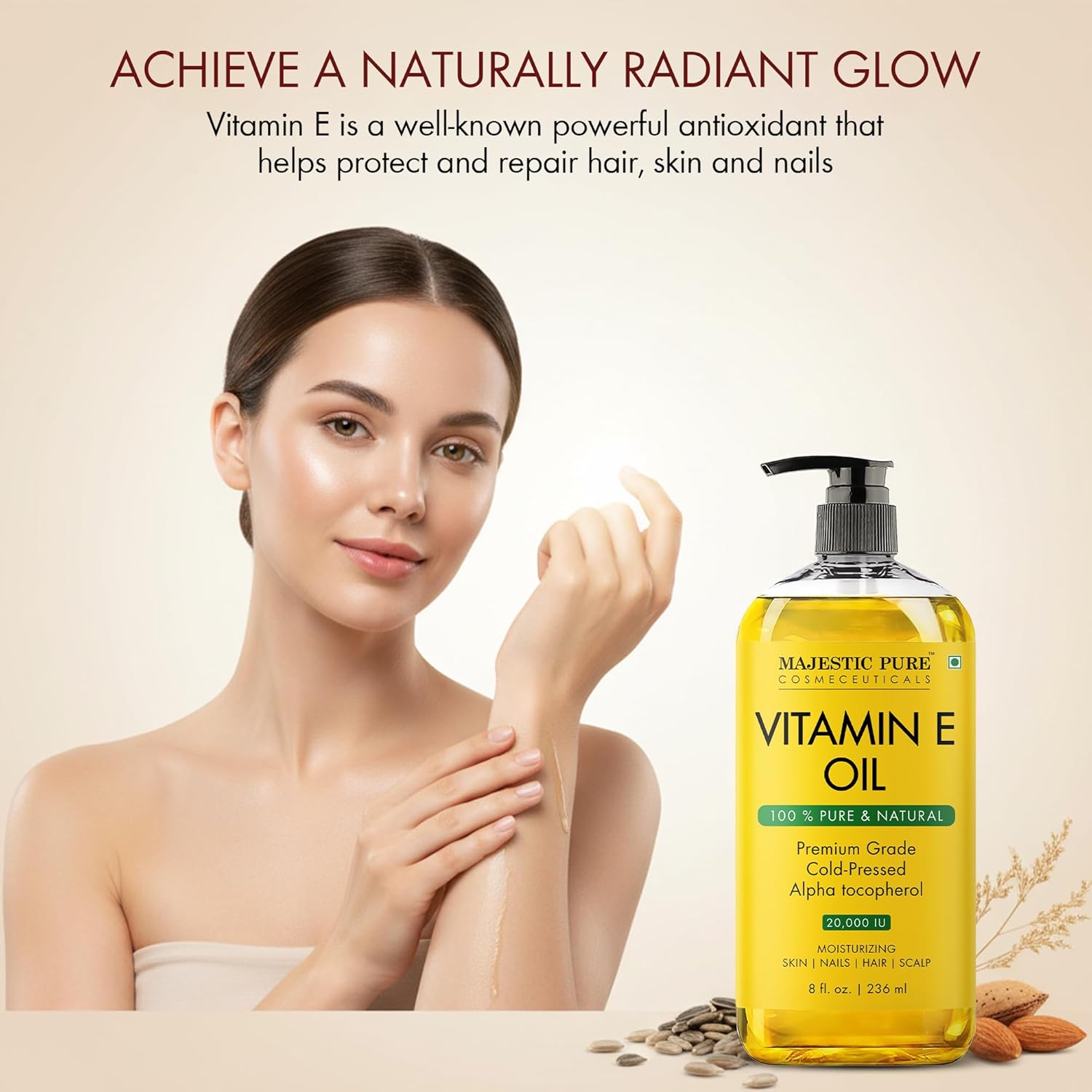 Majestic Pure Oil - 100% Pure and Natural- Cold Pressed & Hexane Free Natural Hair Growth Oil for Eyelashes, Eyebrows, Skin, Body, Face, Nails & Scalp - Vitamin E Oil 8 Fl Oz