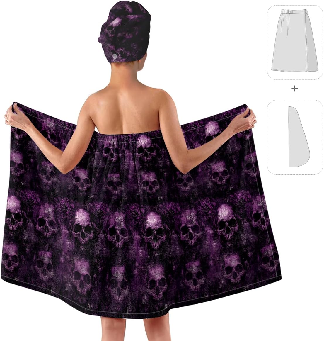 Gothic Skull Print Bath Wrap Set with Hair Turban, Purple and Black, Women's Spa Towel Wrap