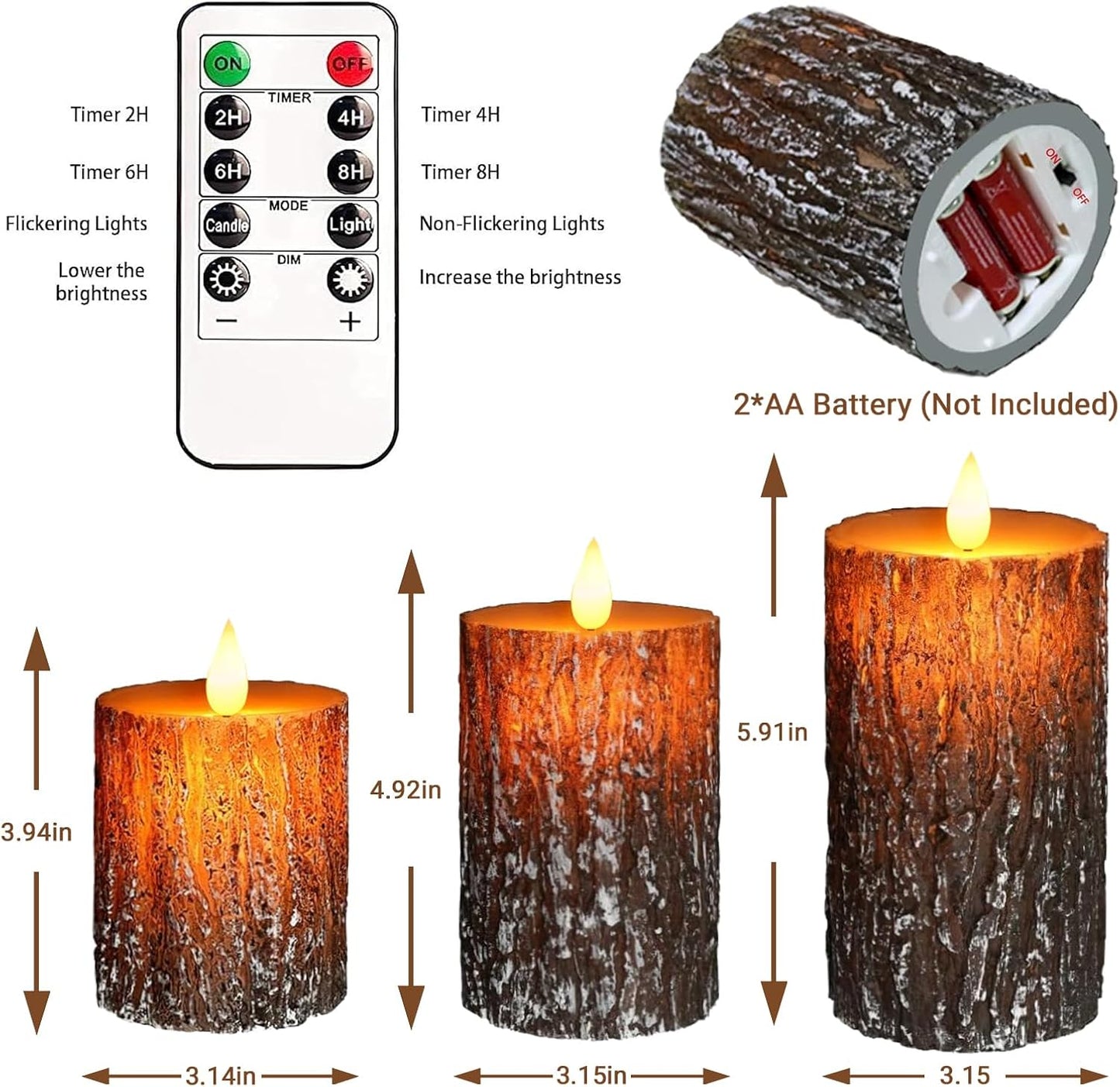 VEEKI Flameless Candles Lights, Set of 3 Battery Operated Flickering Flameless Candles with Remote & Timer, Dimmable LED Pillar Candles, Pine Bark Electric LED Candles for Christmas Winter Home Decor