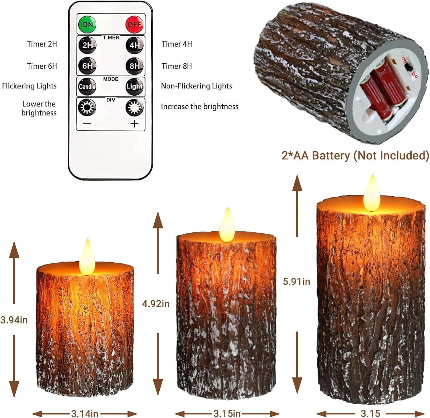 VEEKI Flameless Candles Lights, Set of 3 Battery Operated Flickering Flameless Candles with Remote & Timer, Dimmable LED Pillar Candles, Pine Bark Electric LED Candles for Christmas Winter Home Decor