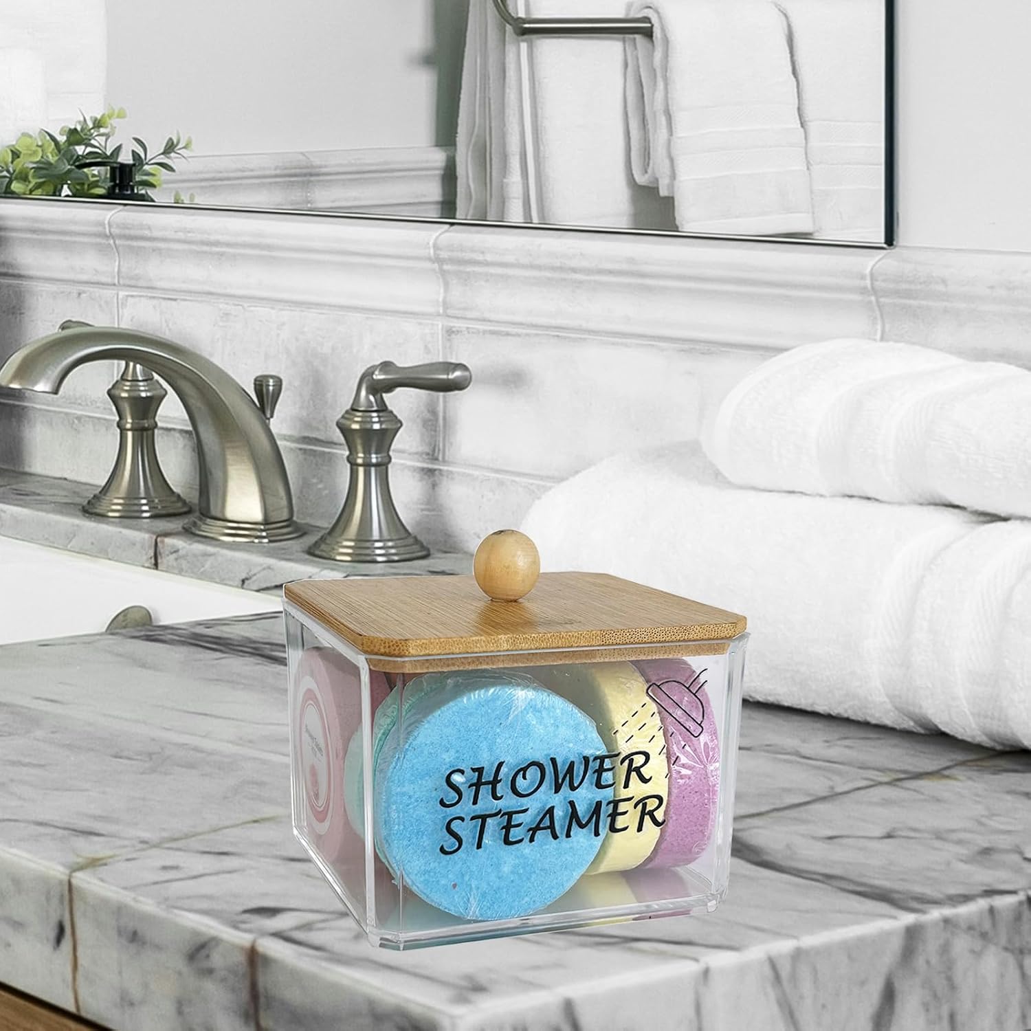 Shower Steamers Organizer, Hold up to 8 Pieces, Plastic Shower Tablets Container with Wood Lid, Clear Storage Container for Shower Steamers, Transparent Holder Bathroom Counter
