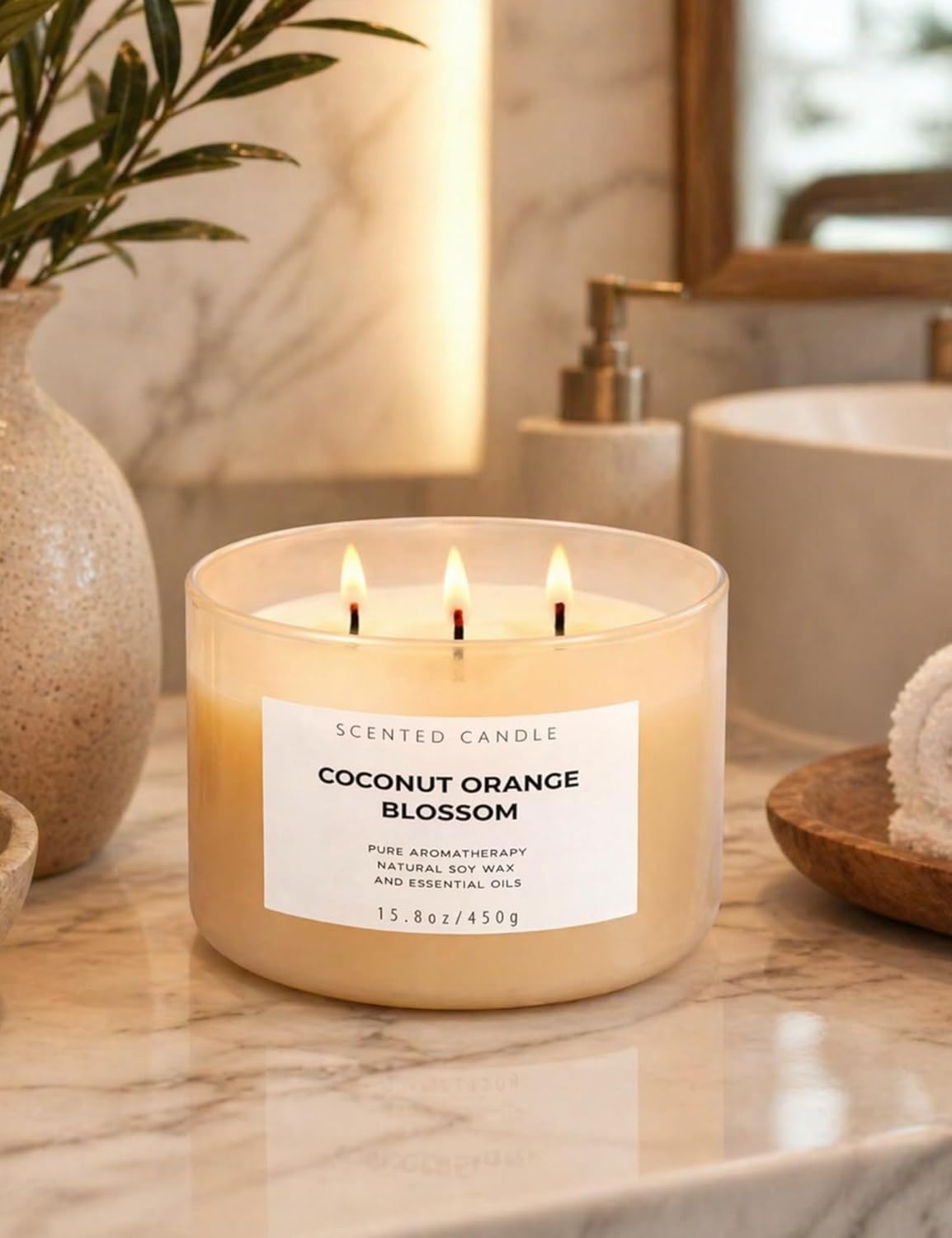 Coconut Orange Blossom Candle | 3-Wick Large Soy Candle 15.8 oz | Creamy Tropical Citrus Floral Scented Candles for Home | Strong Throw, Clean Burn Long Lasting | Aromatherapy Gift for Women