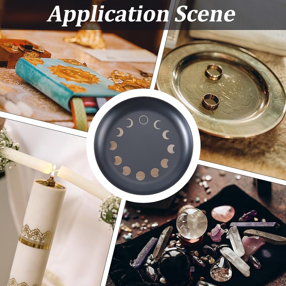 CREATCABIN Moon Phase Altar Ritual Plate Dish Stainless Steel Flat Bowl Black Jewelry Tray Round Tarot Offering Bowl Dish Candle Trinket Holder for Incense Burner Dowsing Divination 4 Inch