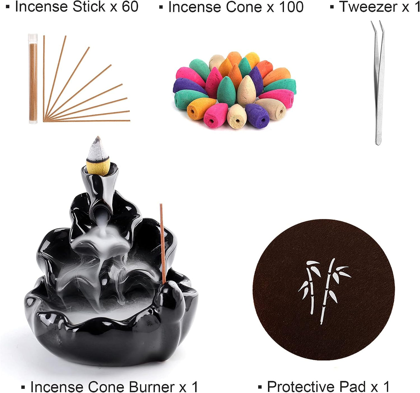 Kingrol Complete Backflow Incense Set: 1 Ceramic Cone Burner, Mat, Tweezer + 60 Sticks & 100 Backflow Cones for Zen Home Decor, Yoga, Meditation, Daily Relaxation