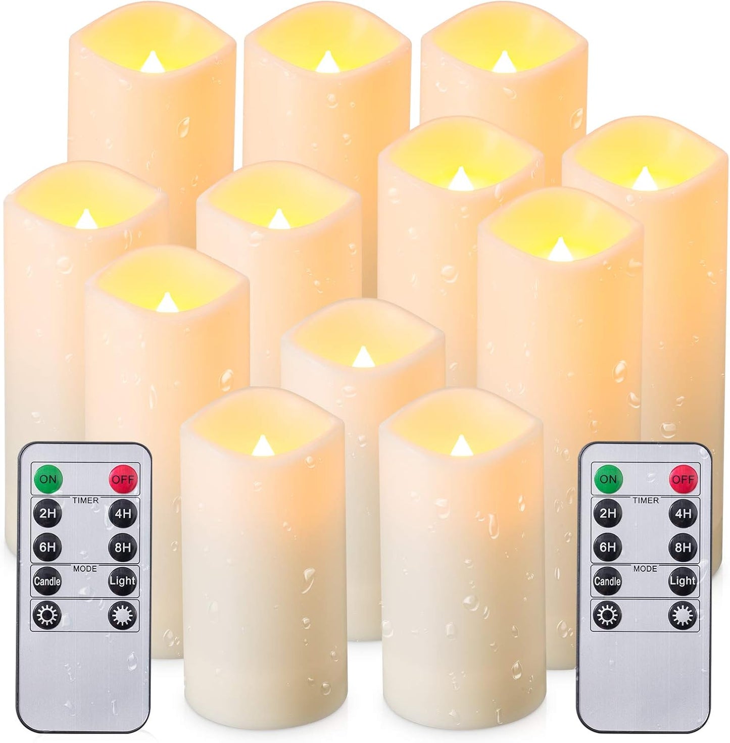 Enpornk Waterproof Flickering Flameless Candles, Set of 12 Battery Operated Candles (D2.2'' x H4''5''6''7"), Outdoor Indoor Candles with 10-Key Timer Remote, Long Lasting