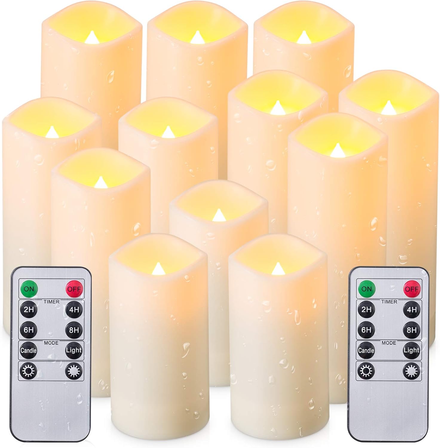 Enpornk Waterproof Flickering Flameless Candles, Set of 12 Battery Operated Candles (D2.2'' x H4''5''6''7"), Outdoor Indoor Candles with 10-Key Timer Remote, Long Lasting