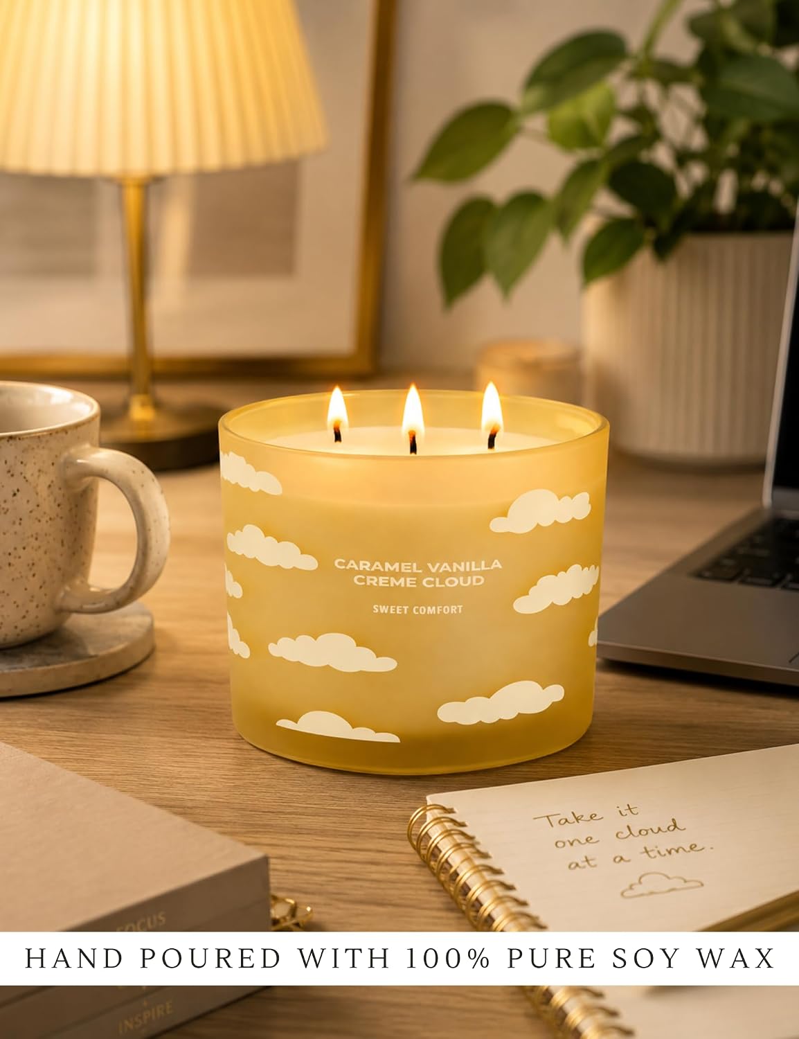 Caramel Vanilla Creme Scented Candle | Large 3 Wick Scented Soy Candle for Home | 14.5oz Warm Vanilla Caramel Candle | Creme Brulee Toffee Candles | Long Lasting Clean Burn | Gift for Women & Men