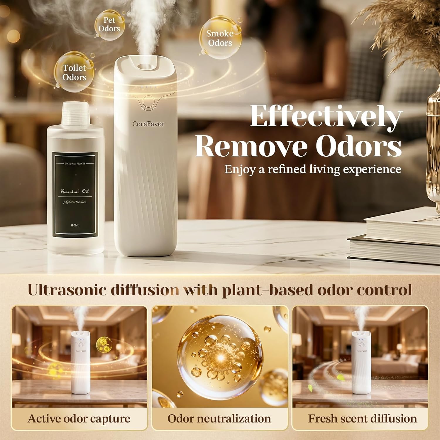Waterless Essential Oil Diffuser (M60) with 120ml Oil, Portable Battery-Operated Cold Air Aroma Scent Machine, 4 Adjustable Intensity Levels, Quiet Diffuser for Bedroom Office Bathroom Car