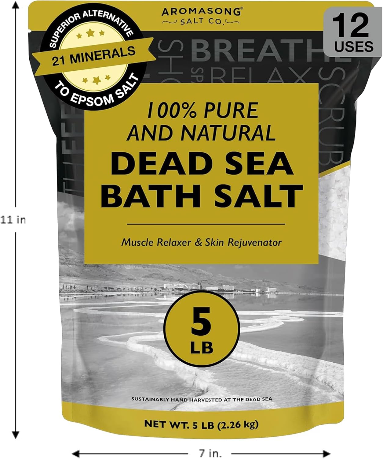 Aromasong Dead Sea Bath Salt - 100% Pure & Natural Dead Sea Salts for Soaking Fine Grain 5 LB - Bulk Resealable Pack - Used for Body wash Scrub - Soak for Women & Men.