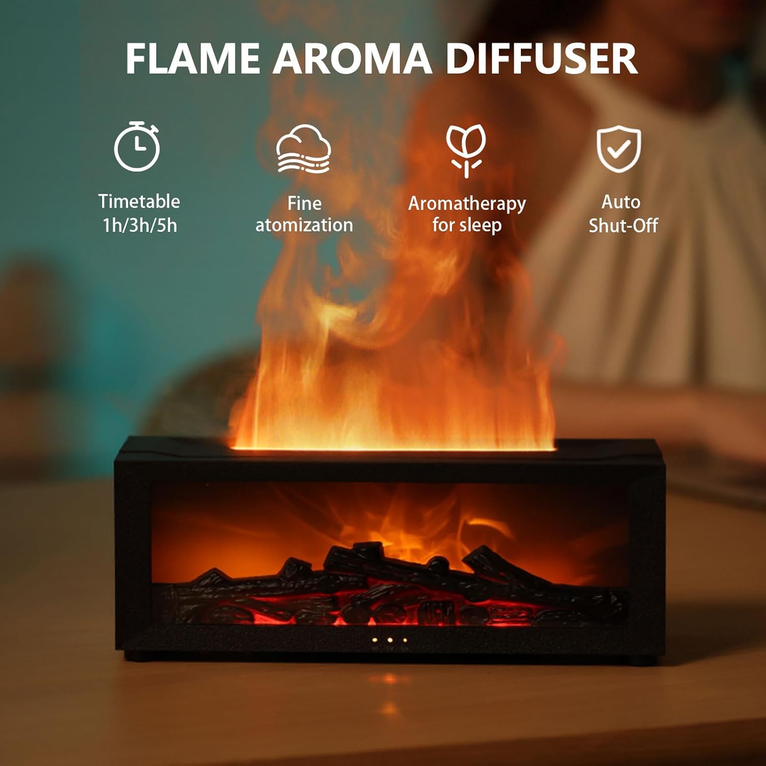 Essential Oil Diffuser, Fireplace Flame Aromatherapy Diffuser with 7 Colors Light, Oil Diffuser, Humidifier, Aroma Diffusers for Home, Office, Yoga, Timer & Waterless Auto Off