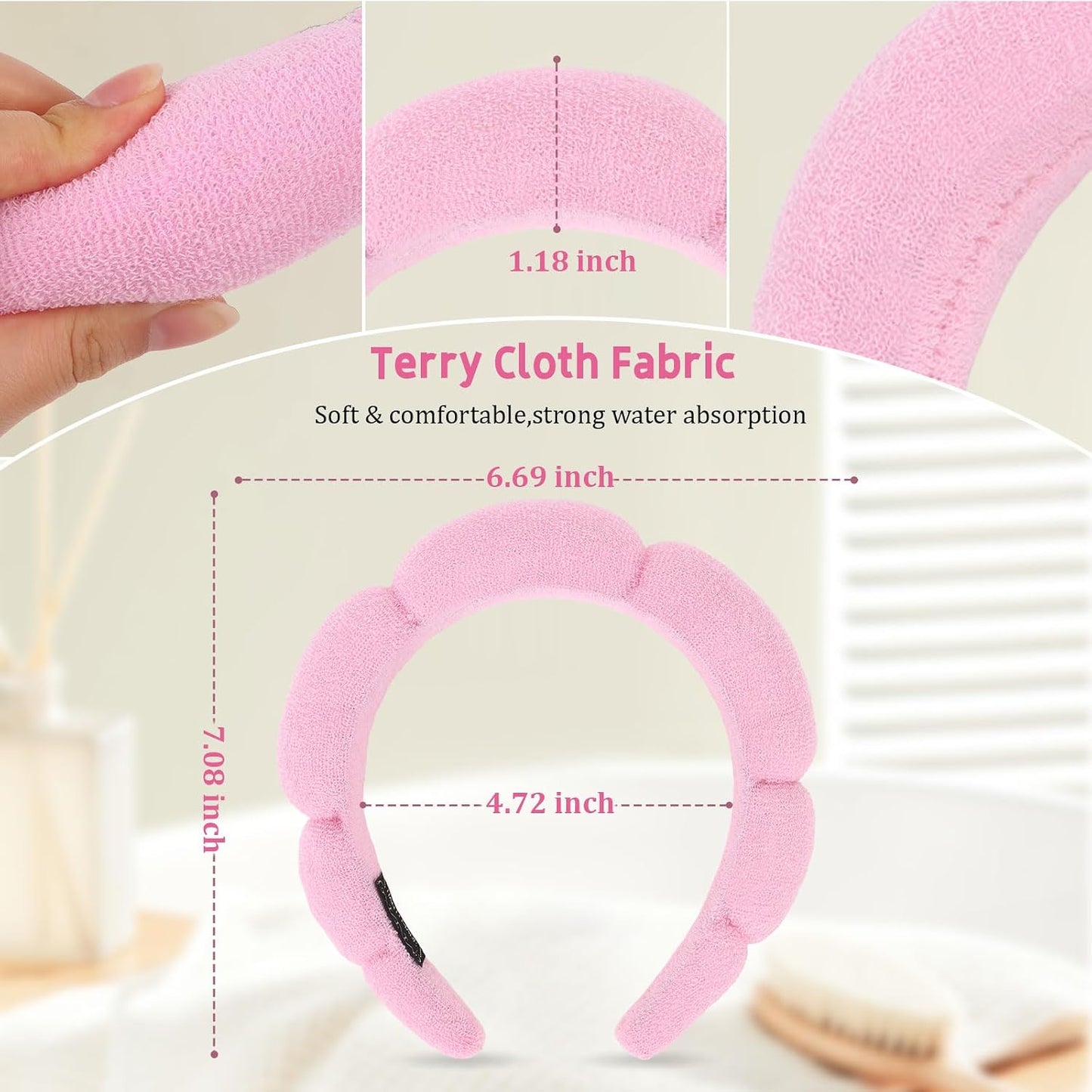 ANBALA Spa Headband for Women 2 Pack - Sponge Makeup, Puffy Skincare, Terry Cloth Shower Headband for Girls (Pink/Blue)