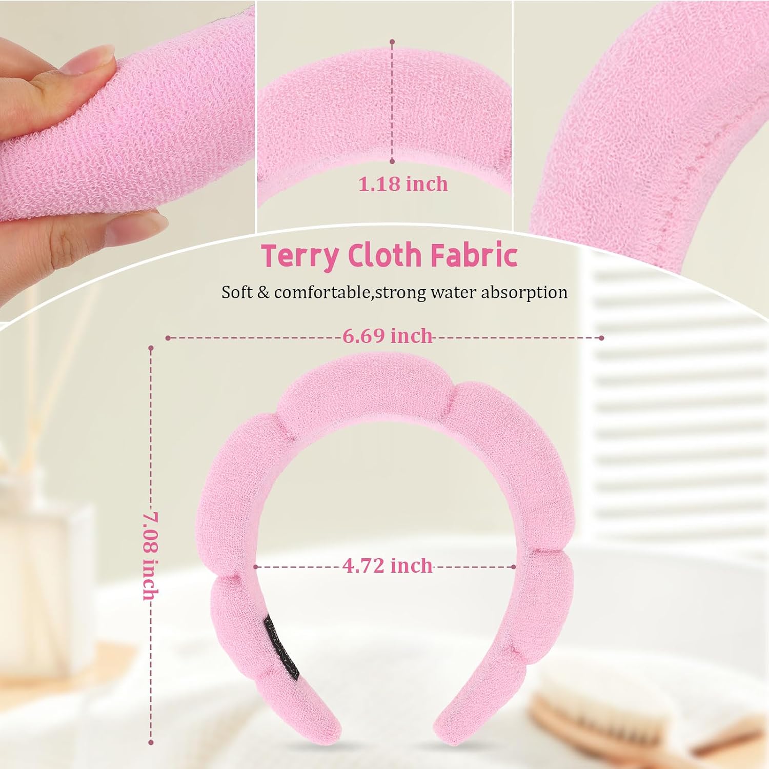 ANBALA Spa Headband for Women 2 Pack - Sponge Makeup, Puffy Skincare, Terry Cloth Shower Headband for Girls (Pink/Blue)
