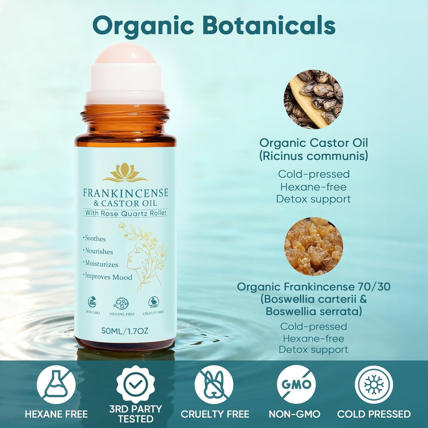 Frankincense and Castor Oil, Organic Castor Oil Rose Quartz Roller Ball, 100% Pure, Cold-Pressed, Firms Skin, Reduces Fine Lines & Wrinkles, Suitable for Face, Neck, Abdomen, 50ML/1.7OZ (1)