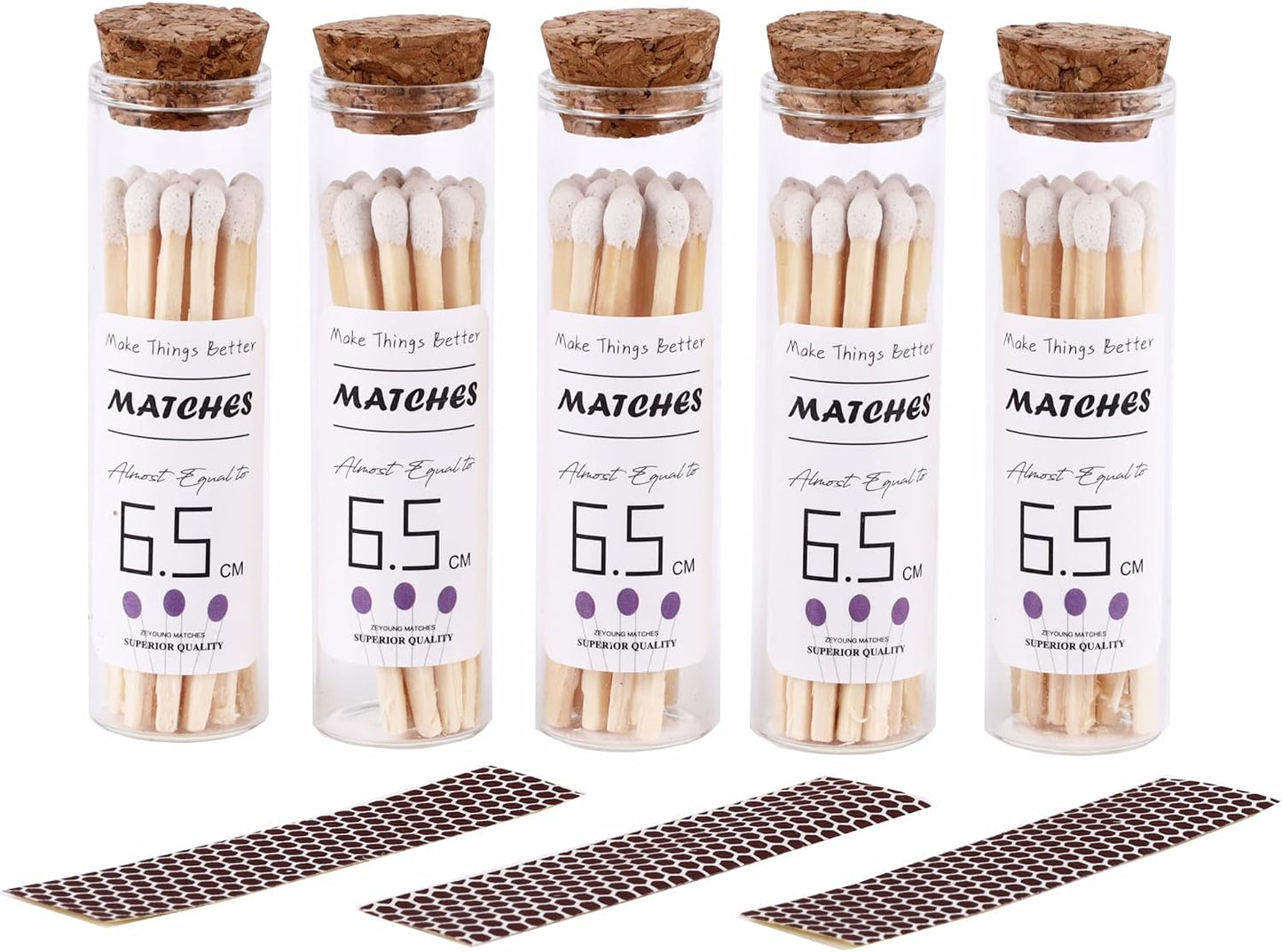 2.55"/6.5cm White matches Included with 5 Match Holder, 5 Count match Bottles with Candle Matches in a Jar, Long Fireplace for Grill Fireplace BBQ, 100Pcs Long Wooden Matchsticks for Custimiz Events
