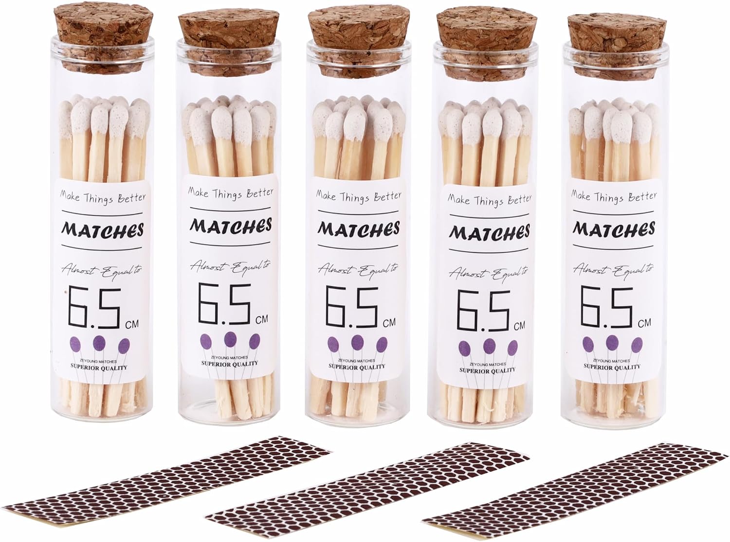 2.55"/6.5cm White matches Included with 5 Match Holder, 5 Count match Bottles with Candle Matches in a Jar, Long Fireplace for Grill Fireplace BBQ, 100Pcs Long Wooden Matchsticks for Custimiz Events