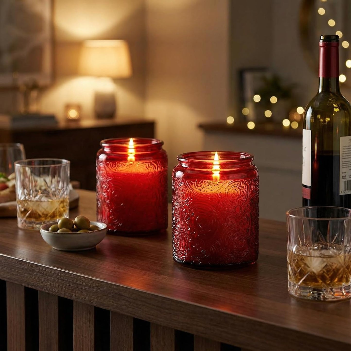 8 oz Red Sun Moon Stars Candle Jars with Metal Lids, 9 Pack | Patented Embossed Design, Includes Wick Centering Devices & Warning Labels, Multiple Color Options