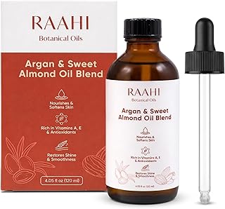 RAAHI Argan Oil and Sweet Almond Oil Blend for Hair and Skin, 4.05 fl oz / 120 ml, Lightweight Non Greasy Moisturizer for Face, Body, Scalp and Hair