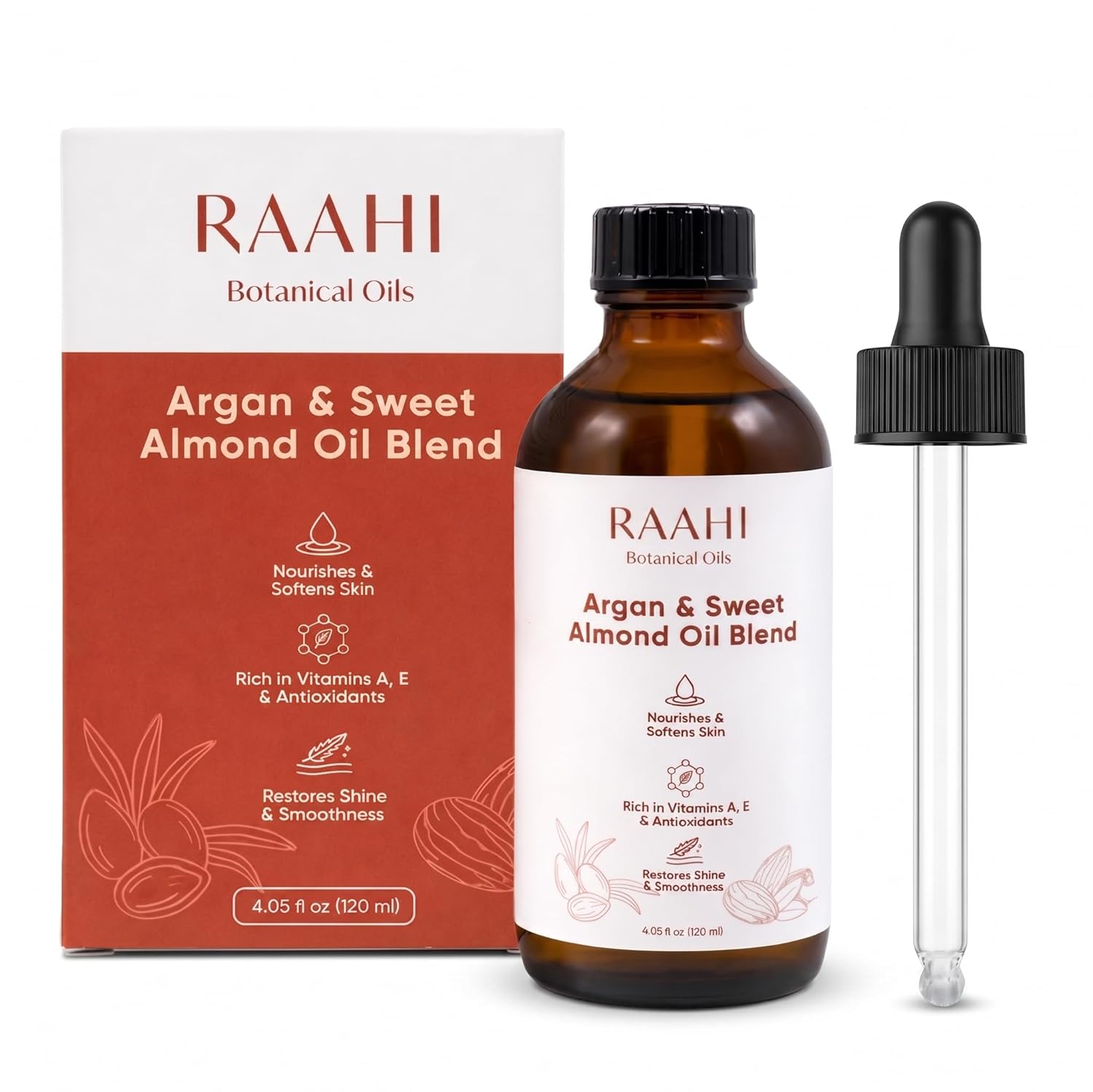 RAAHI Argan Oil and Sweet Almond Oil Blend for Hair and Skin, 4.05 fl oz / 120 ml, Lightweight Non Greasy Moisturizer for Face, Body, Scalp and Hair