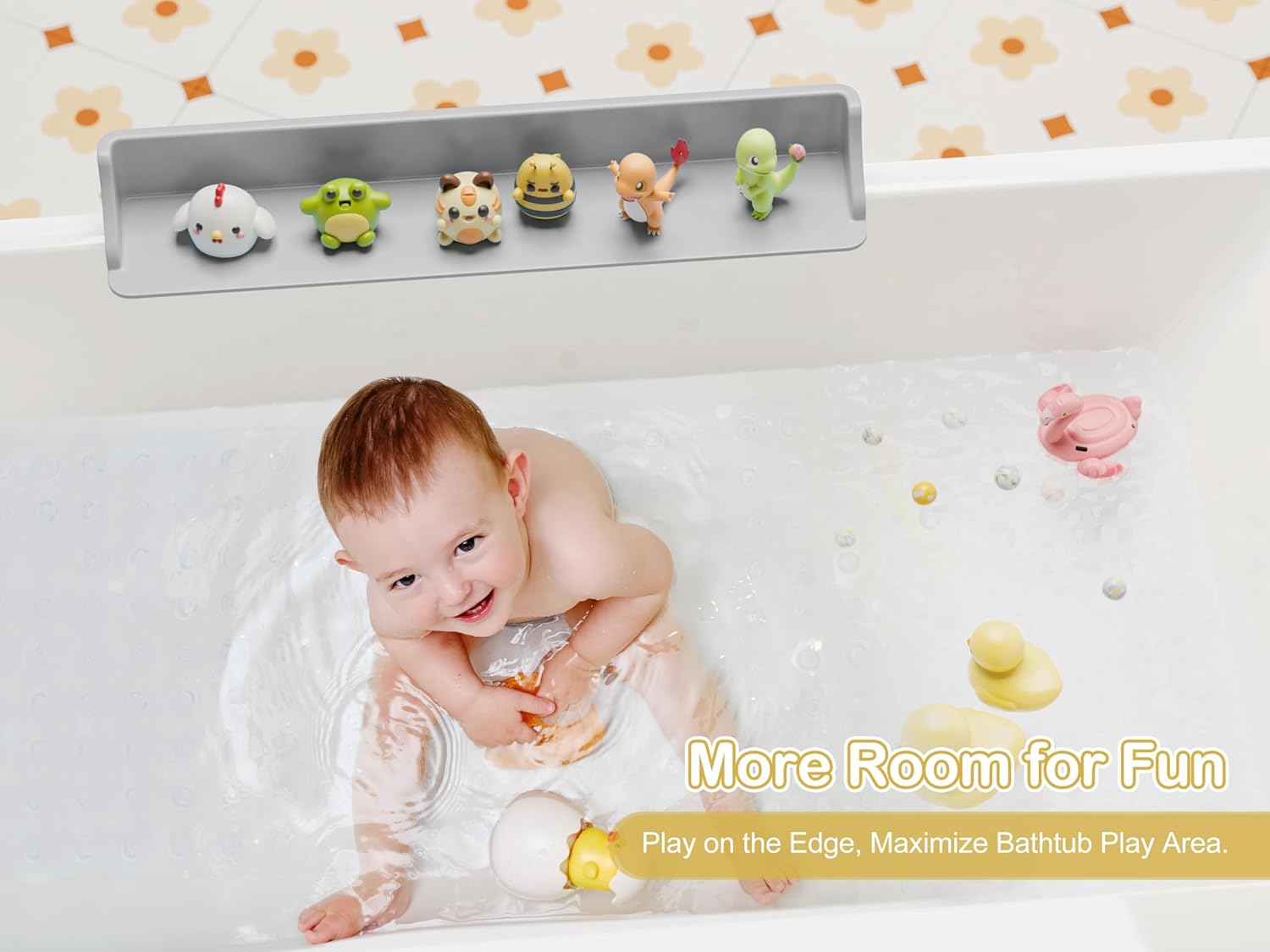 Cushore 3-Ft Bathtub Splash Guard PlayPad with Strong Suction Cups, Toy Tray Caddy Holder Storage, No-Leak, Mess-Free Bath Time for Kids, Grey